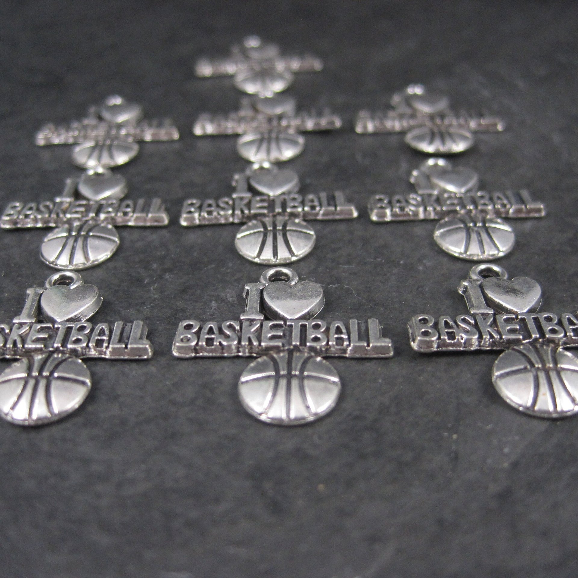 Lot of 10 I Love Basketball Charms Silver Plated