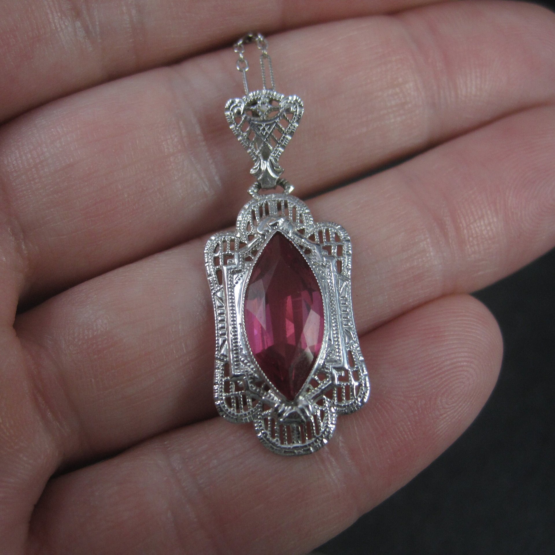 Vintage Deco Style 14K Filigree Pendant Simulated Pink Sapphire Necklace