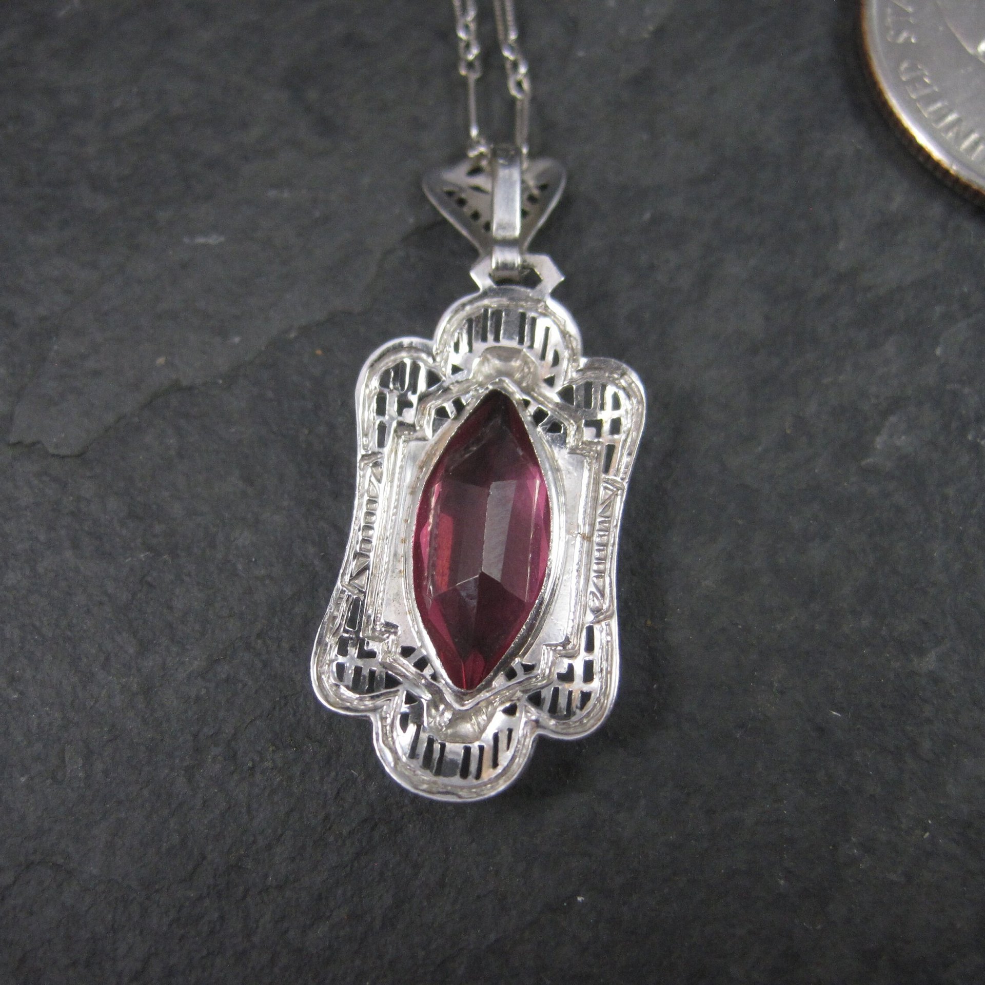 Vintage Deco Style 14K Filigree Pendant Simulated Pink Sapphire Necklace