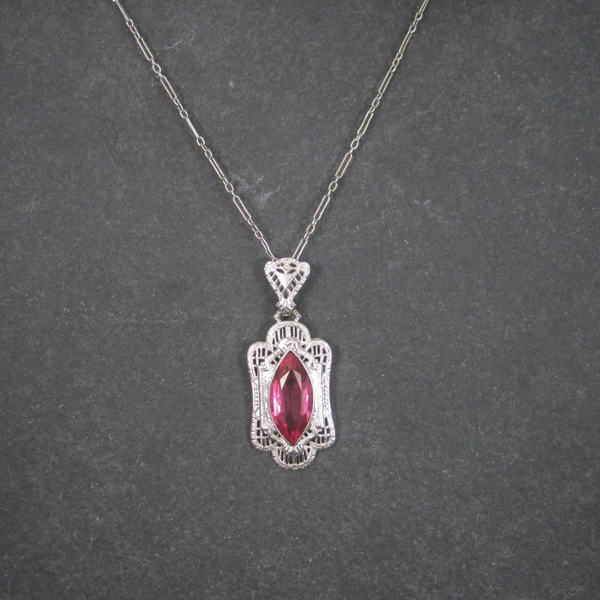 Vintage Deco Style 14K Filigree Pendant Simulated Pink Sapphire Necklace