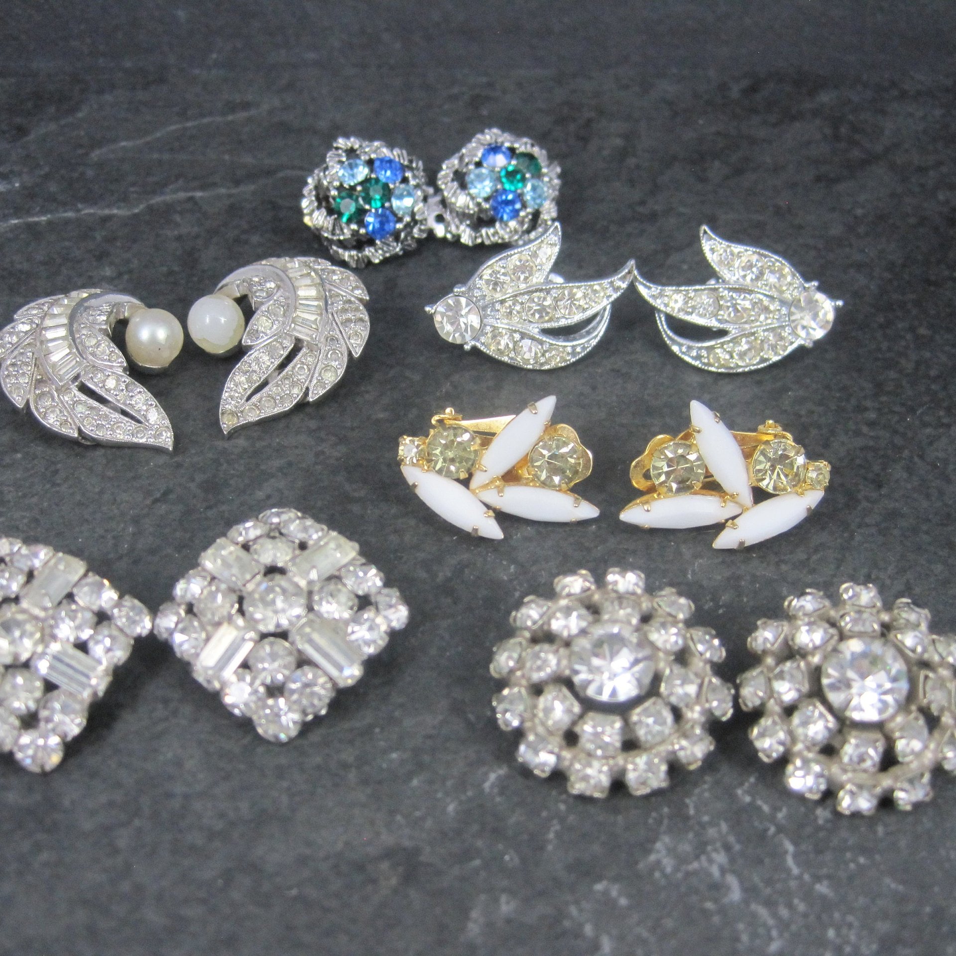 Destash Vintage Lot 6 Pairs Rhinestone Clip On Earrings