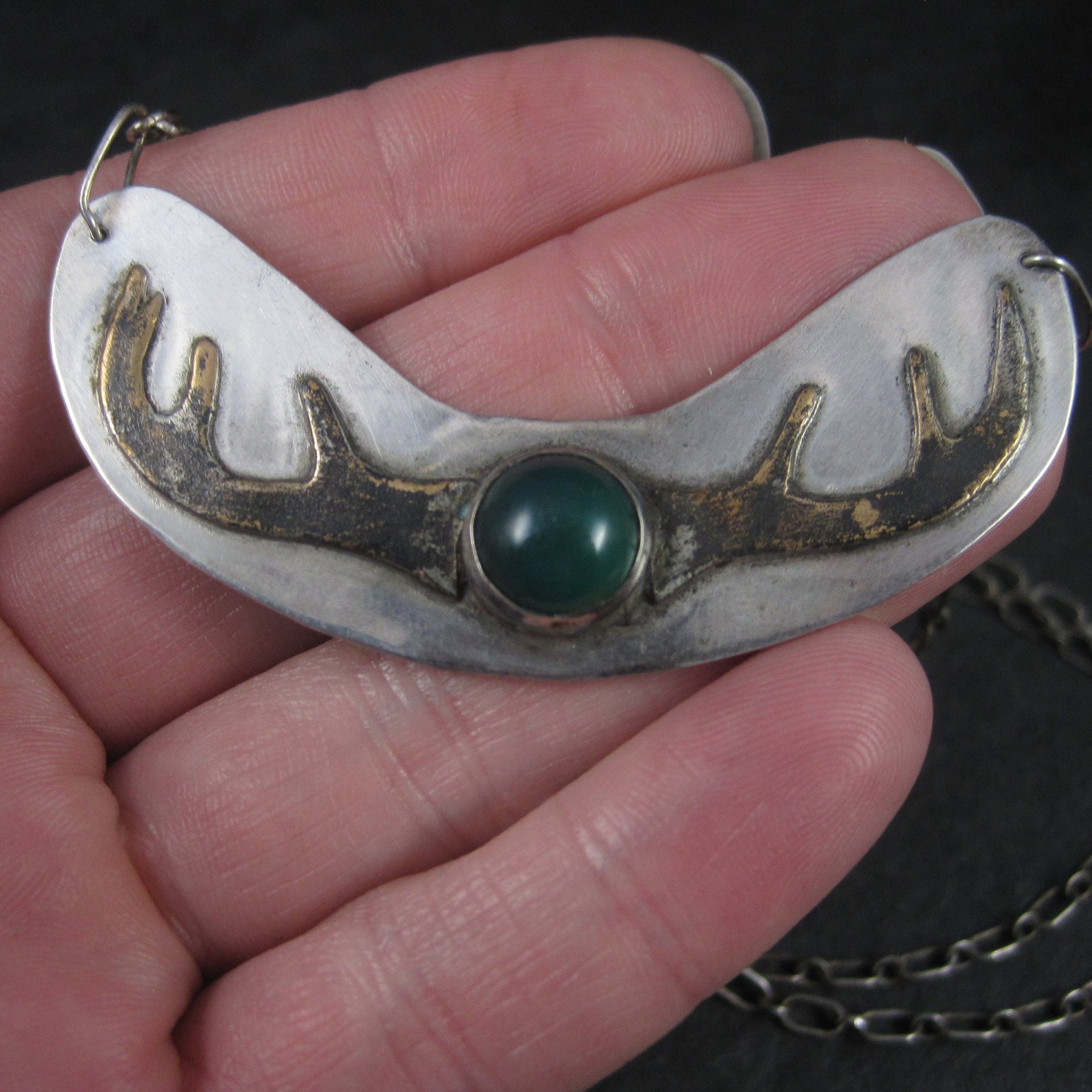 Vintage Sterling Chrysoprase Deer Antler Necklace 27 Inches