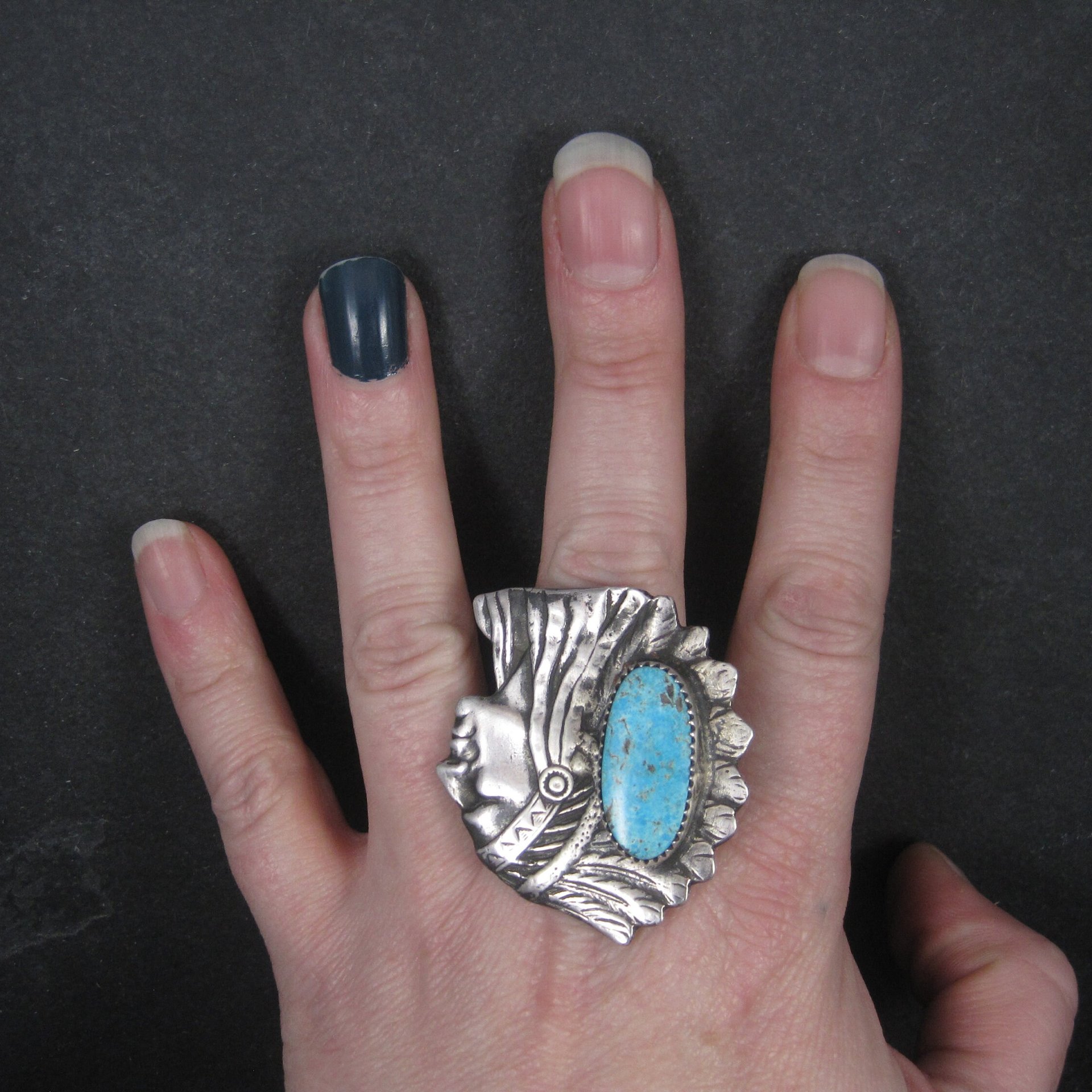 Huge Navajo Turquoise Chieftain Indian Head Ring Size 8