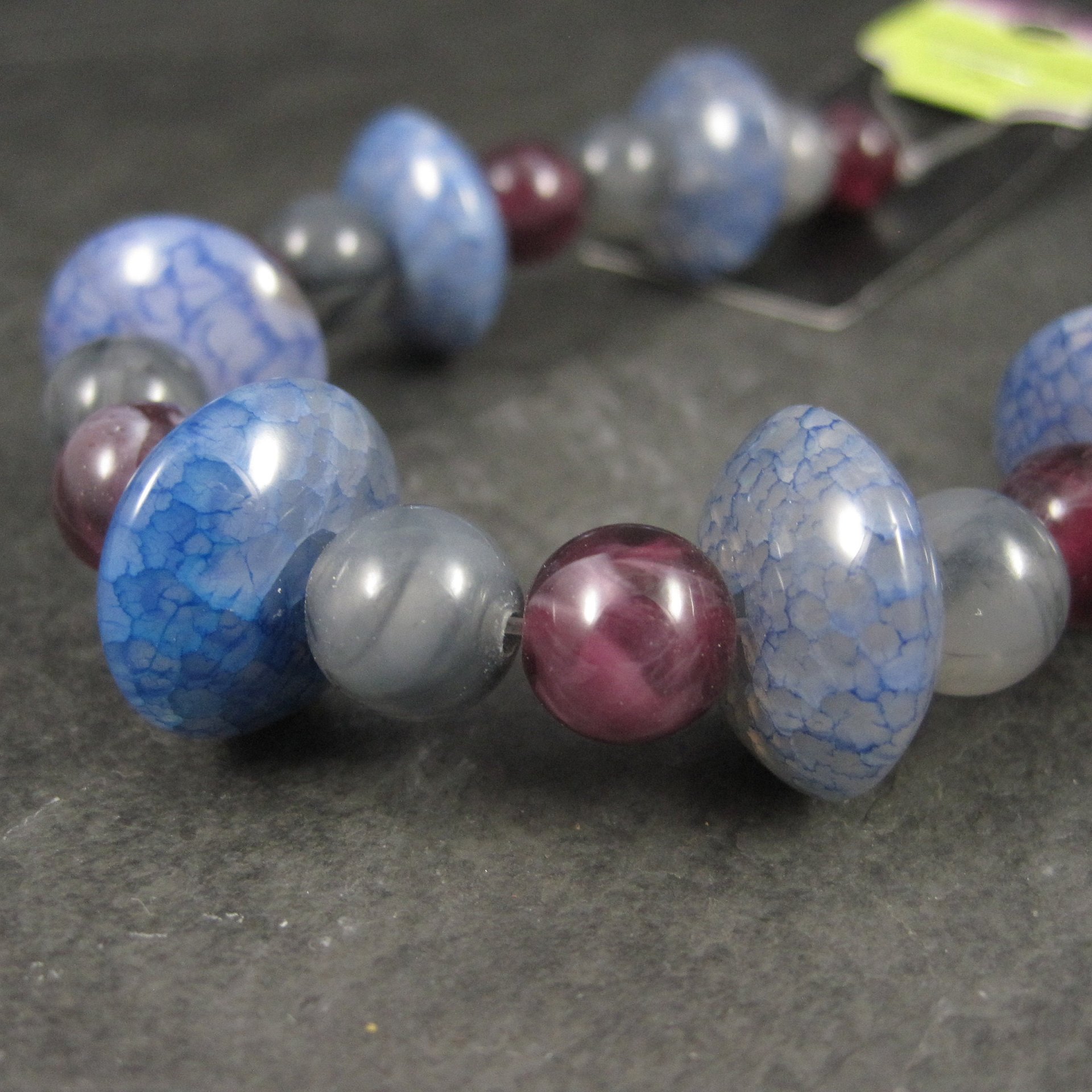 Blue Maroon Gray Agate and Acrylic Bead Strand