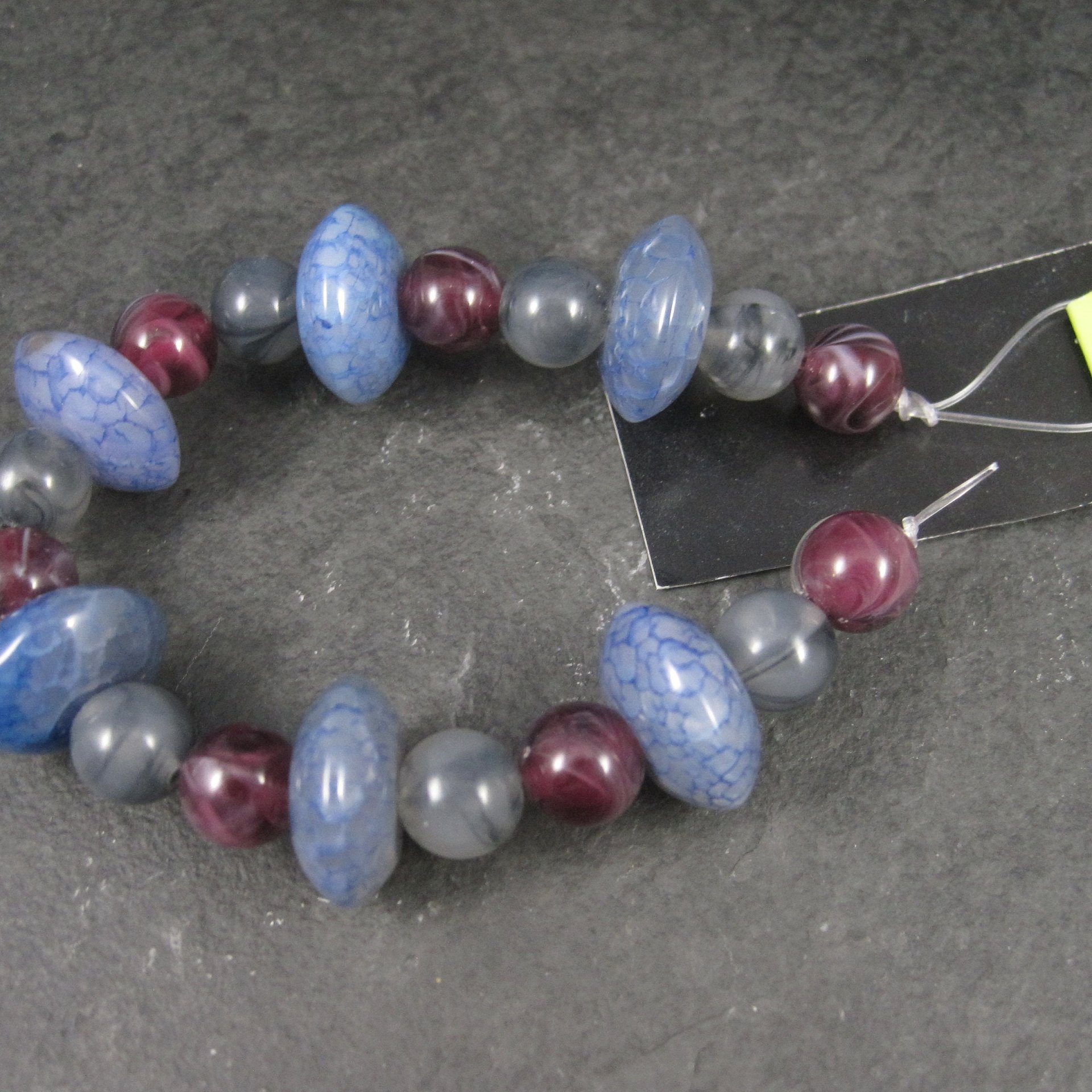 Blue Maroon Gray Agate and Acrylic Bead Strand