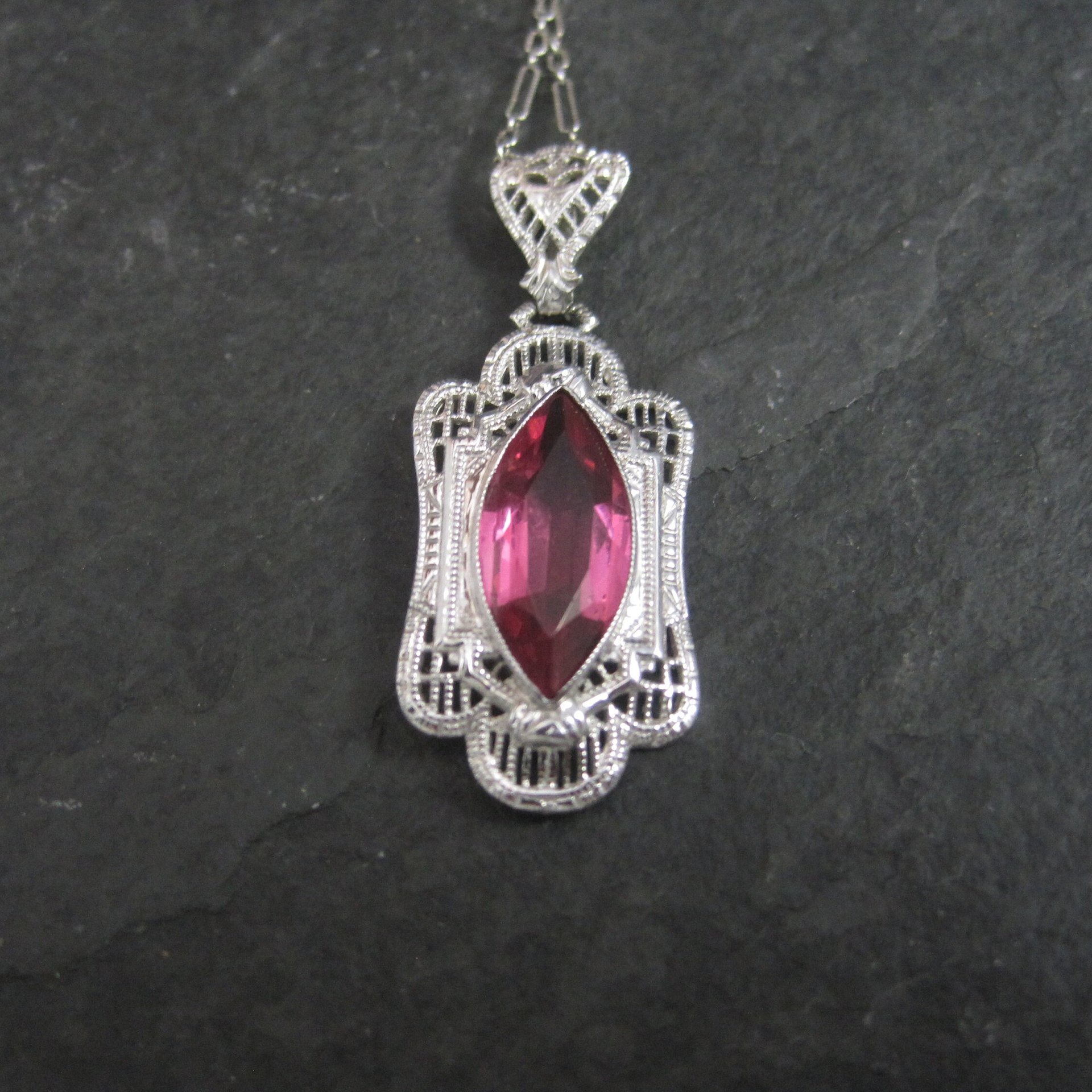 Vintage Deco Style 14K Filigree Pendant Simulated Pink Sapphire Necklace