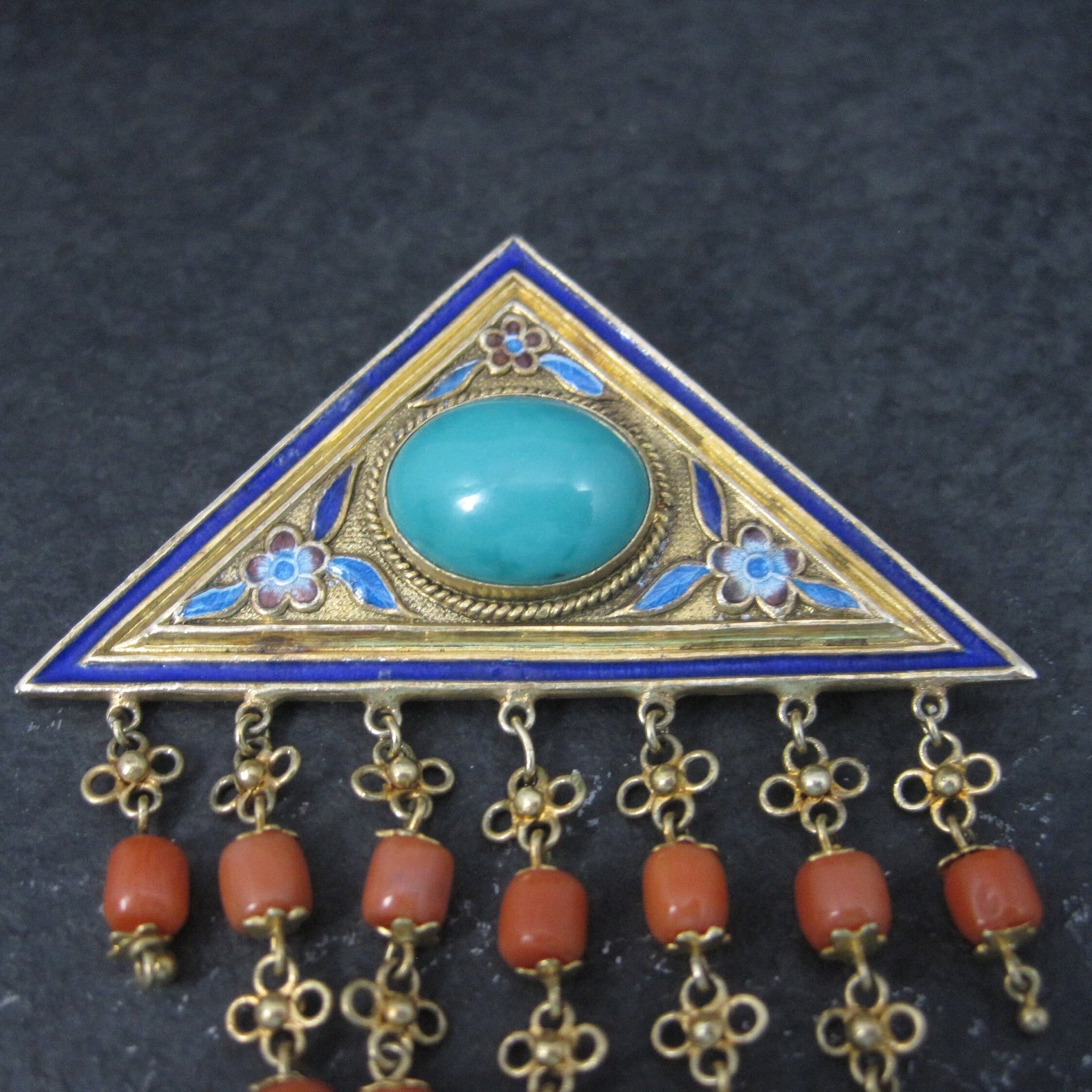 Vintage Chinese Export Turquoise Coral Enamel Brooch