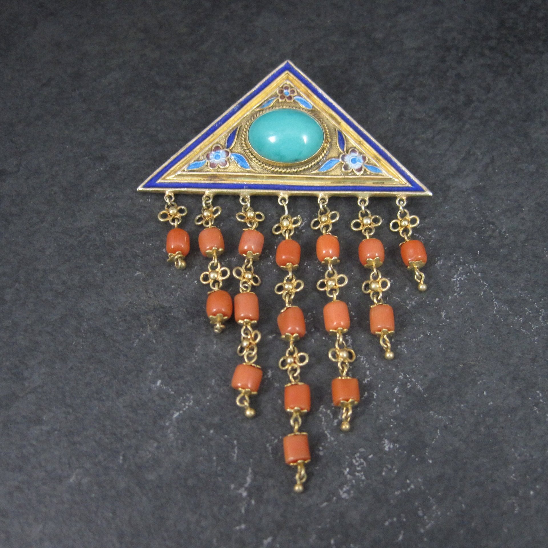 Vintage Chinese Export Turquoise Coral Enamel Brooch