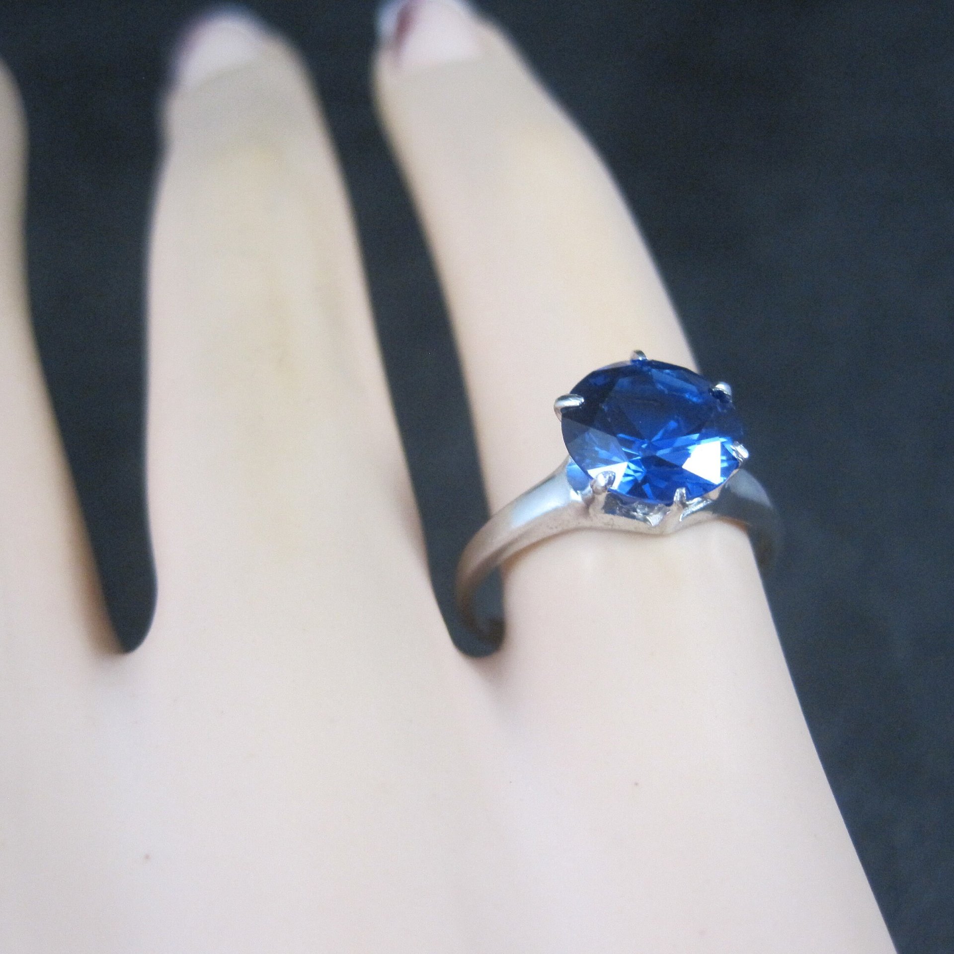 Vintage Sterling Sapphire Solitaire Ring Old New Stock Multiple Sizes UNCAS