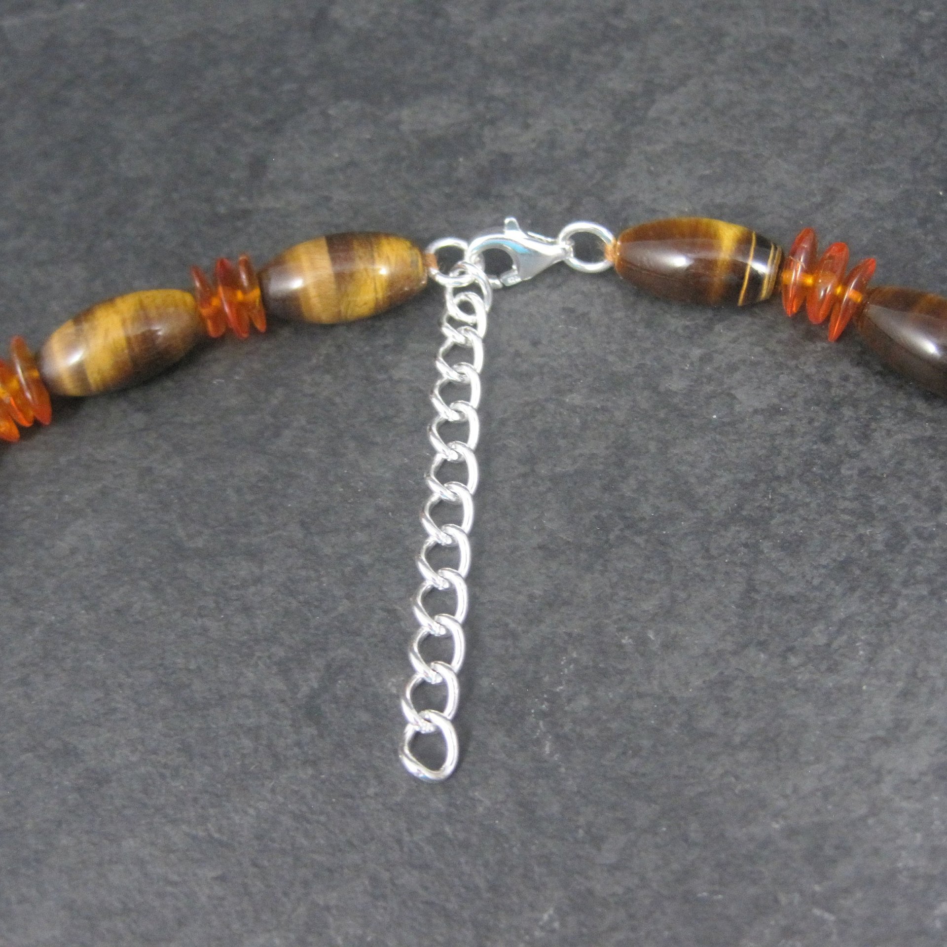Vintage Sterling Tigers Eye Bead Necklace 17 Inches