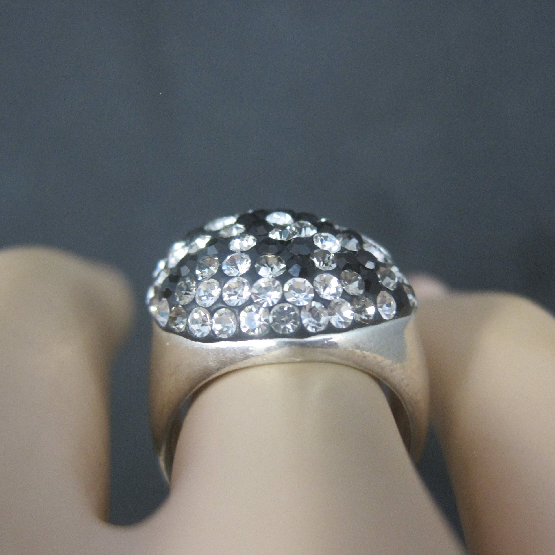 Vintage Sterling Black White Crystal Heart Ring Size 6