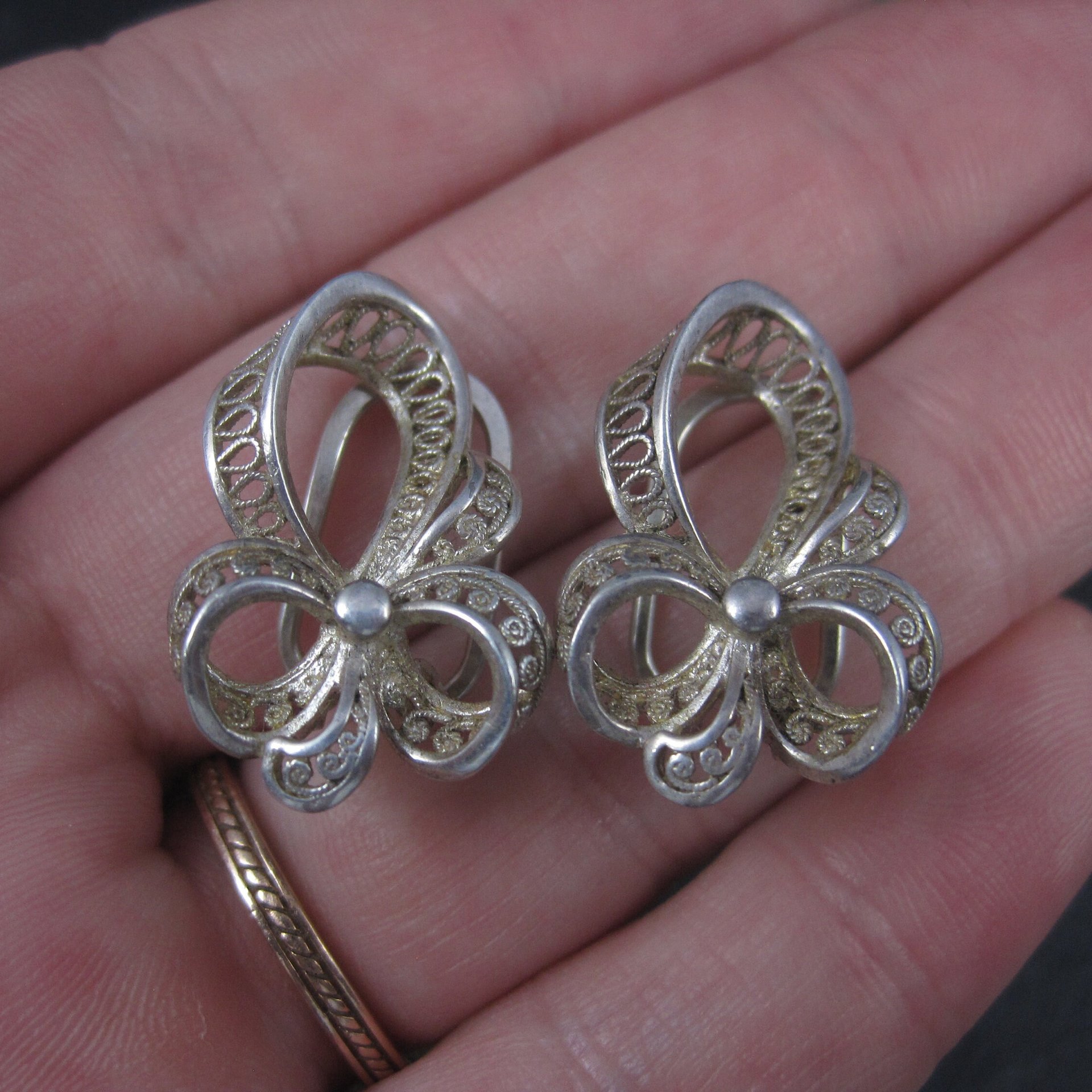 Vintage Sterling Filigree Clip On Earrings Germany