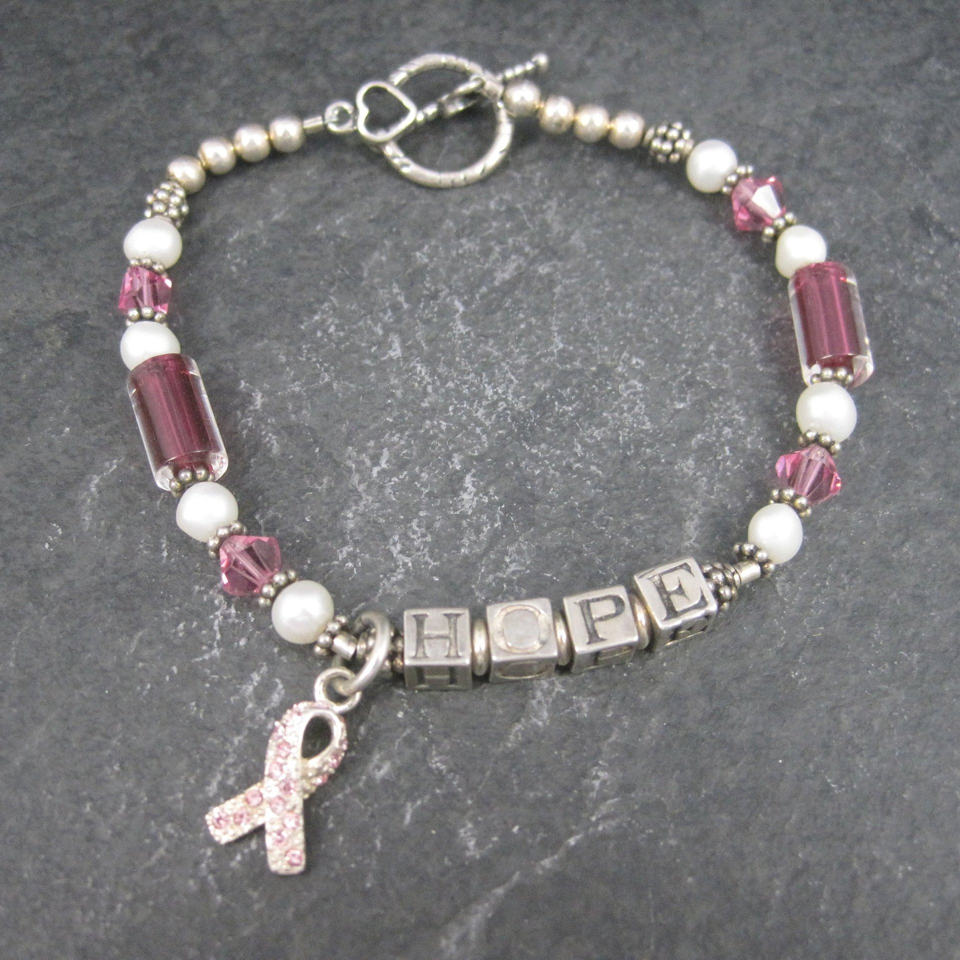 Vintage Sterling Breast Cancer Pink Awareness Ribbon Bracelet 8 Inches