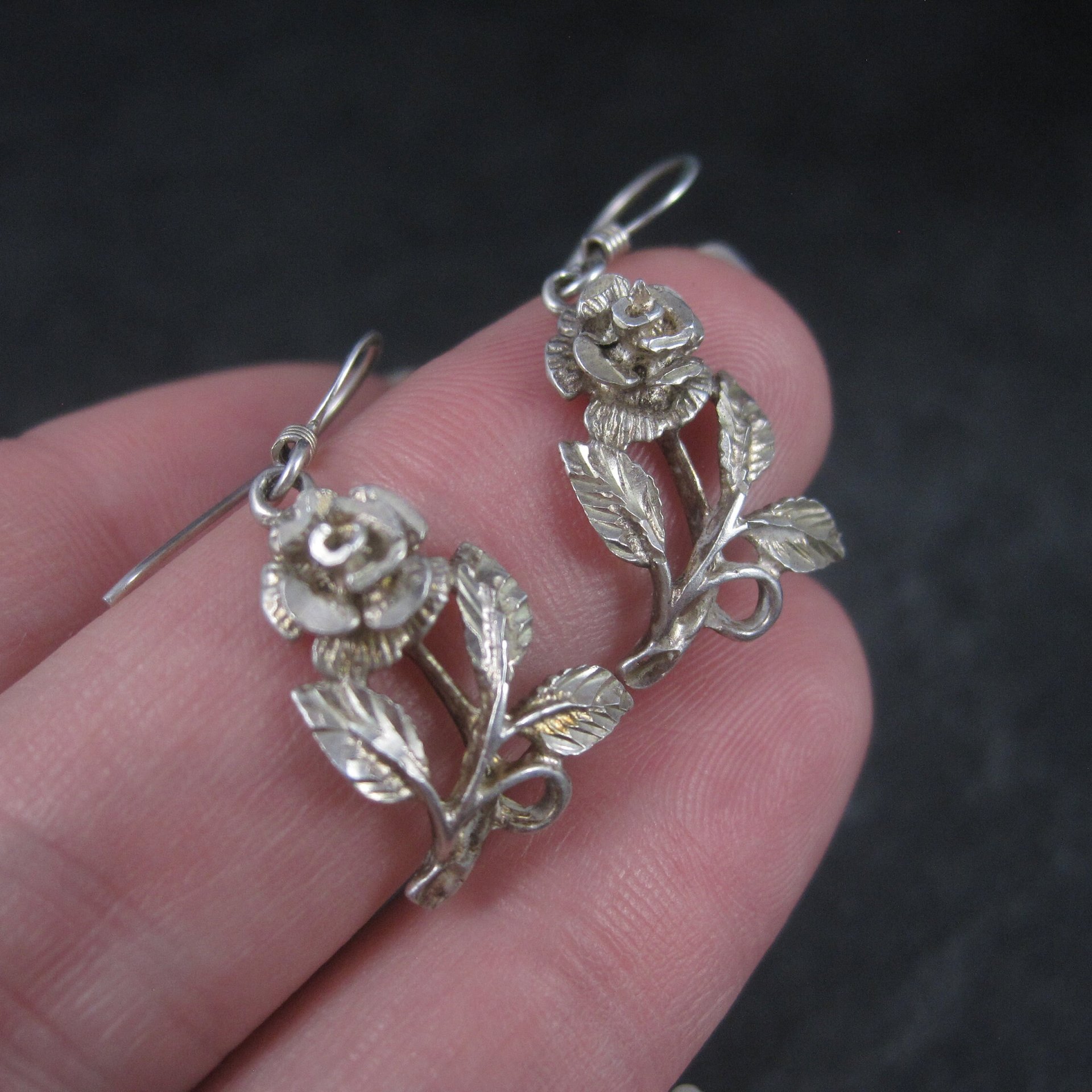 Vintage Sterling Diamond Cut Rose Earrings