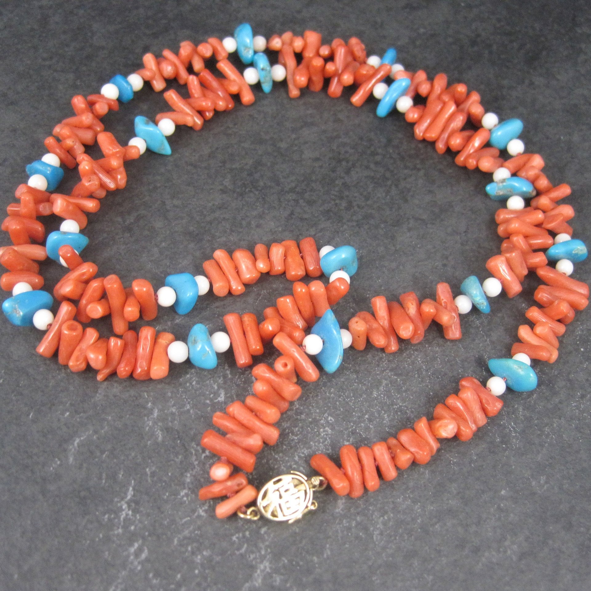 Vintage Chinese Export Coral Turquoise Necklace 30 Inches