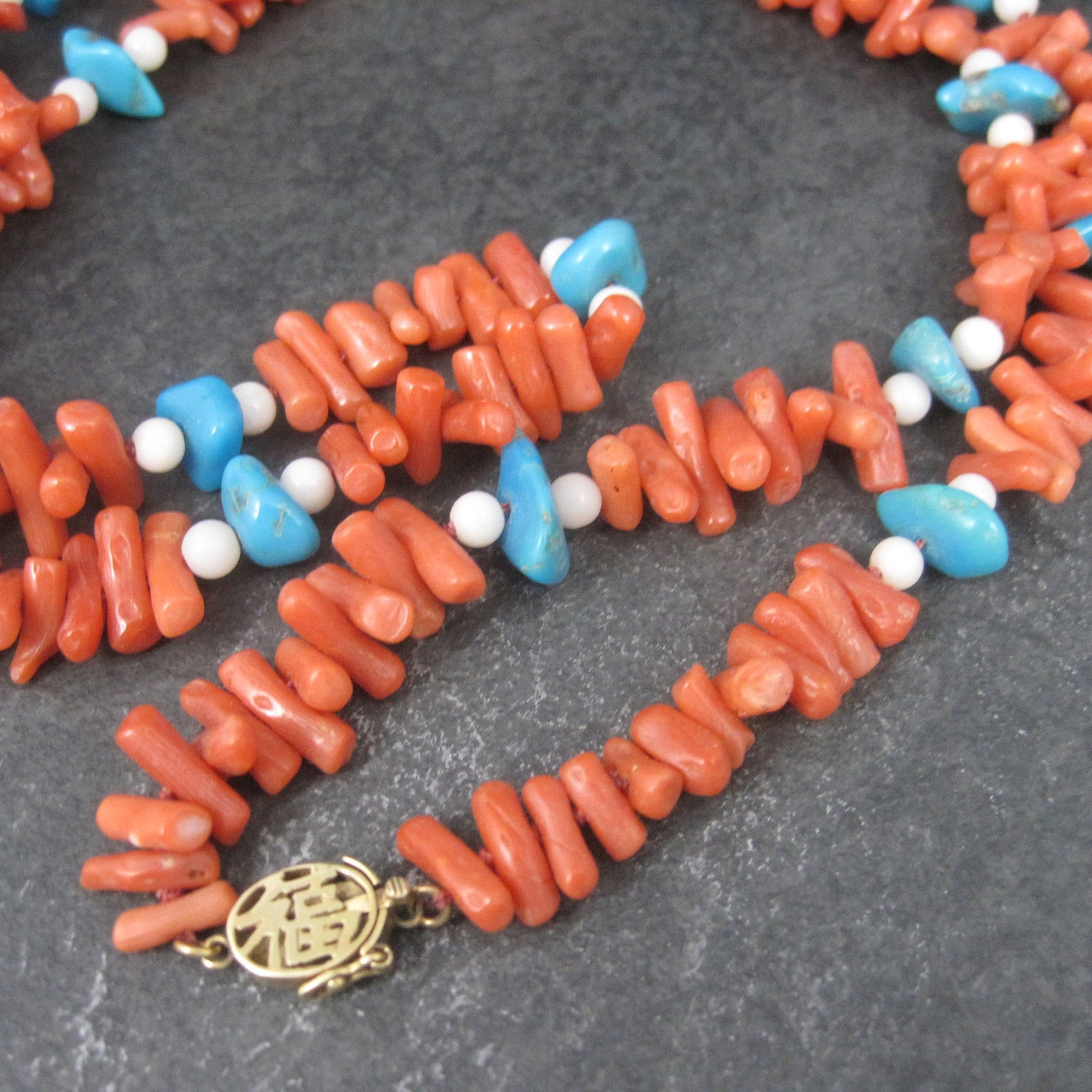 Vintage Chinese Export Coral Turquoise Necklace 30 Inches