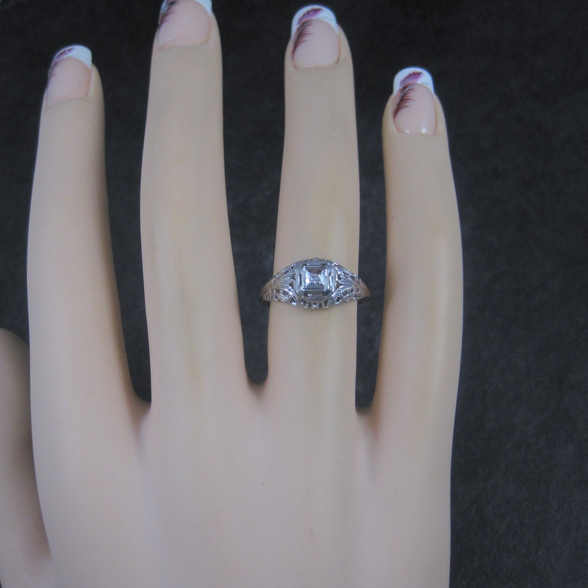 Dainty Antique 10K Filigree Diamond Engagement Ring Size 6