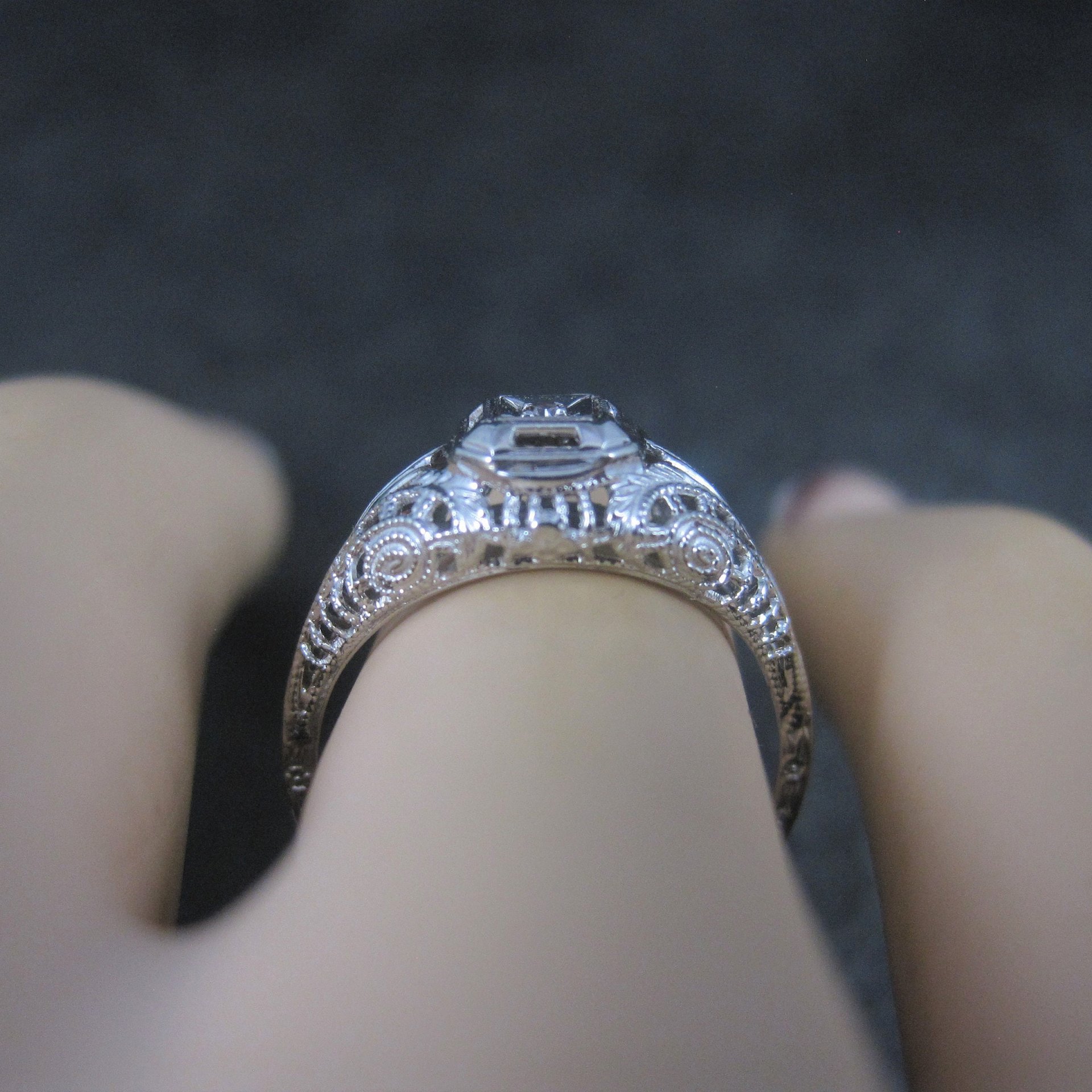 Dainty Antique 10K Filigree Diamond Engagement Ring Size 6