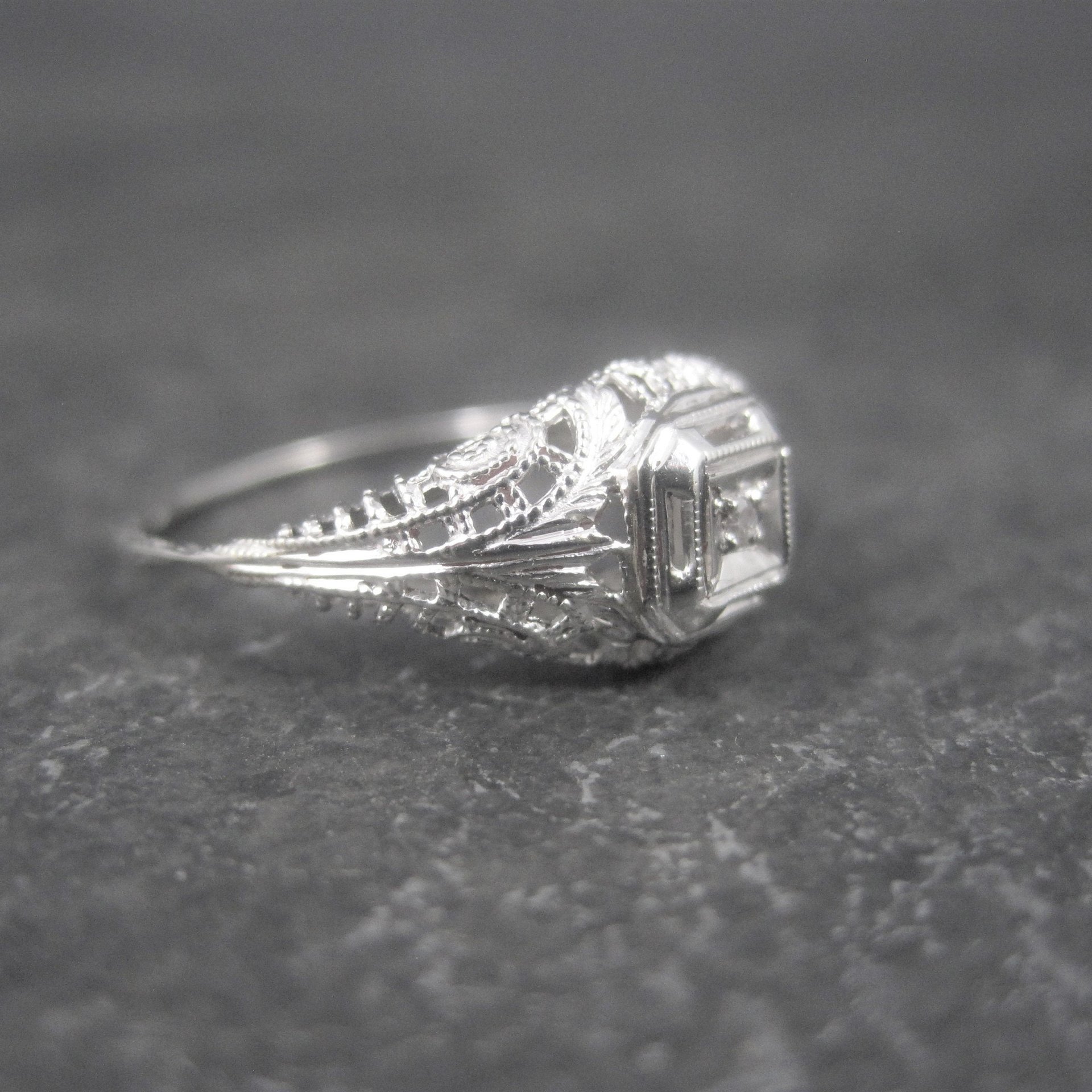 Dainty Antique 10K Filigree Diamond Engagement Ring Size 6
