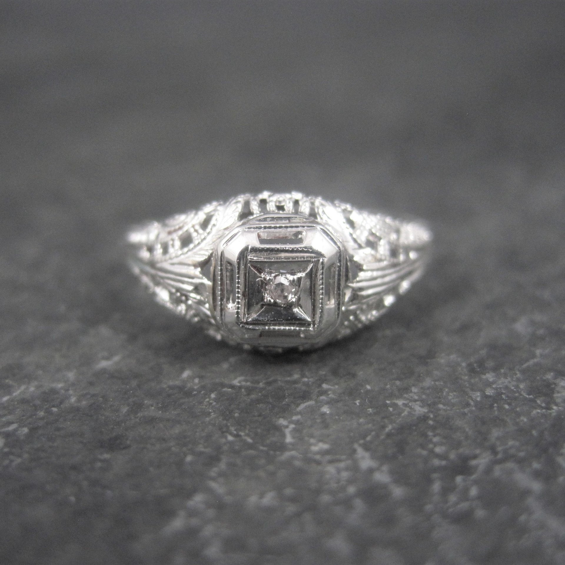 Dainty Antique 10K Filigree Diamond Engagement Ring Size 6