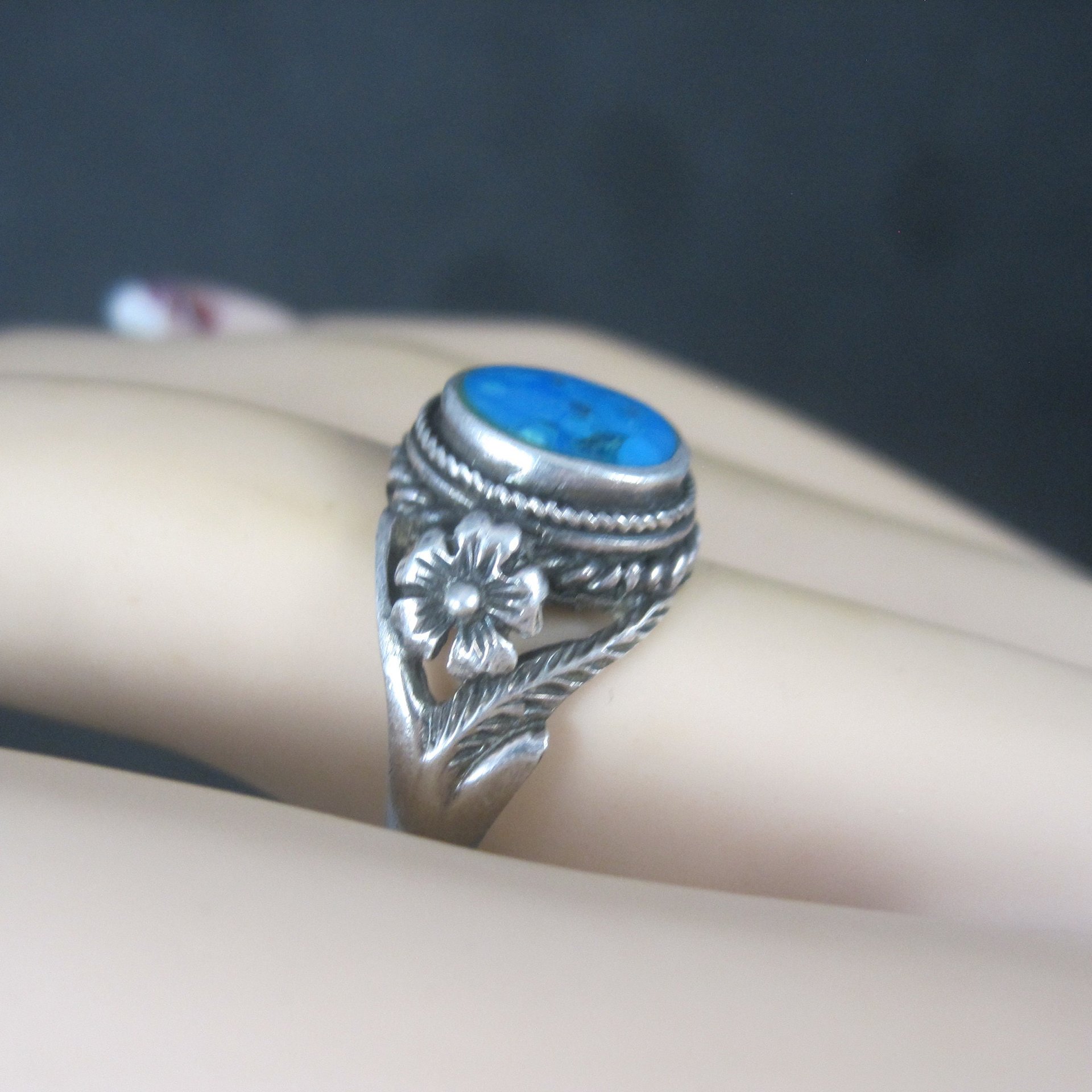 Vintage Sterling Turquoise Flower Ring Size 8