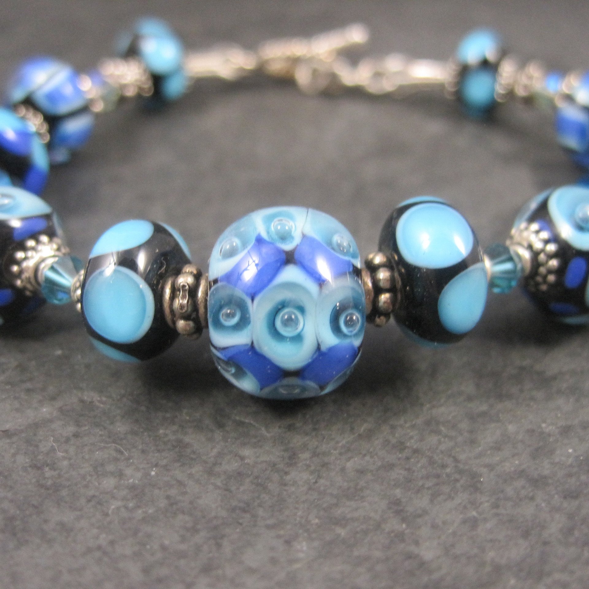 Handmade Blue Lampwork Art Glass Bead Bracelet 8 Inches