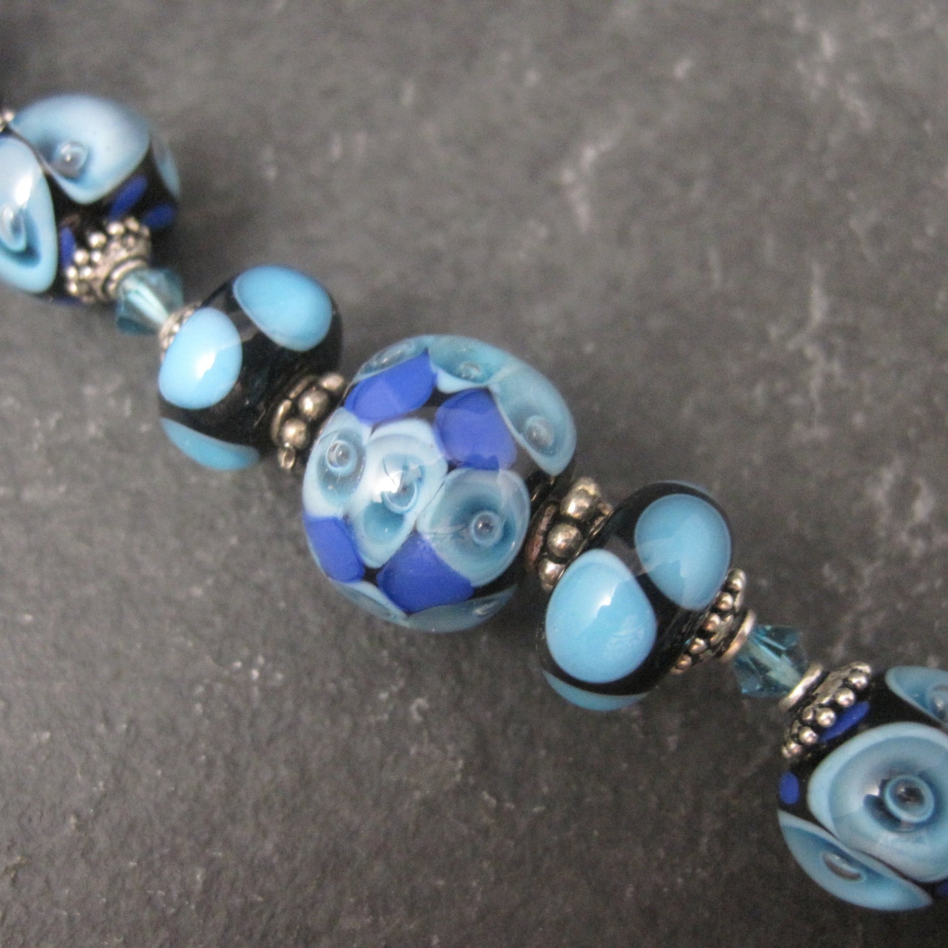 Handmade Blue Lampwork Art Glass Bead Bracelet 8 Inches