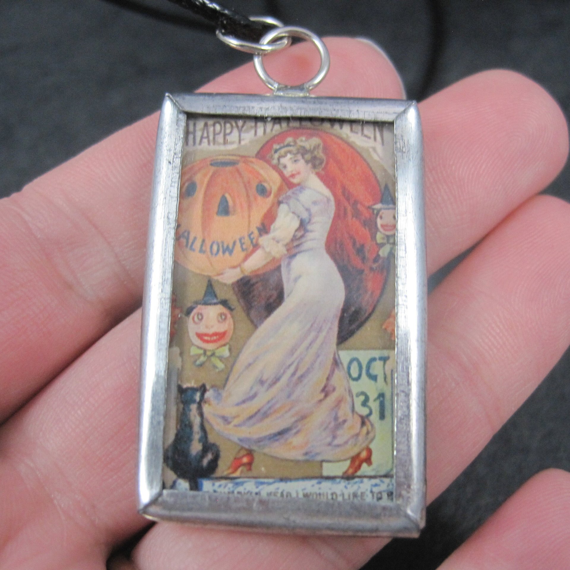 Vintage Halloween Postcard Pendant Necklace