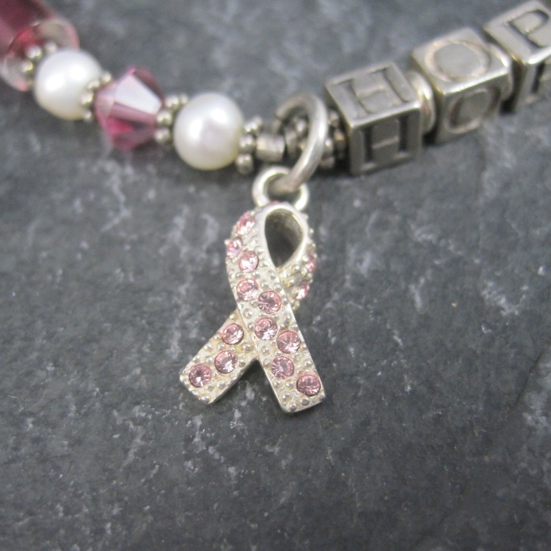 Vintage Sterling Breast Cancer Pink Awareness Ribbon Bracelet 8 Inches