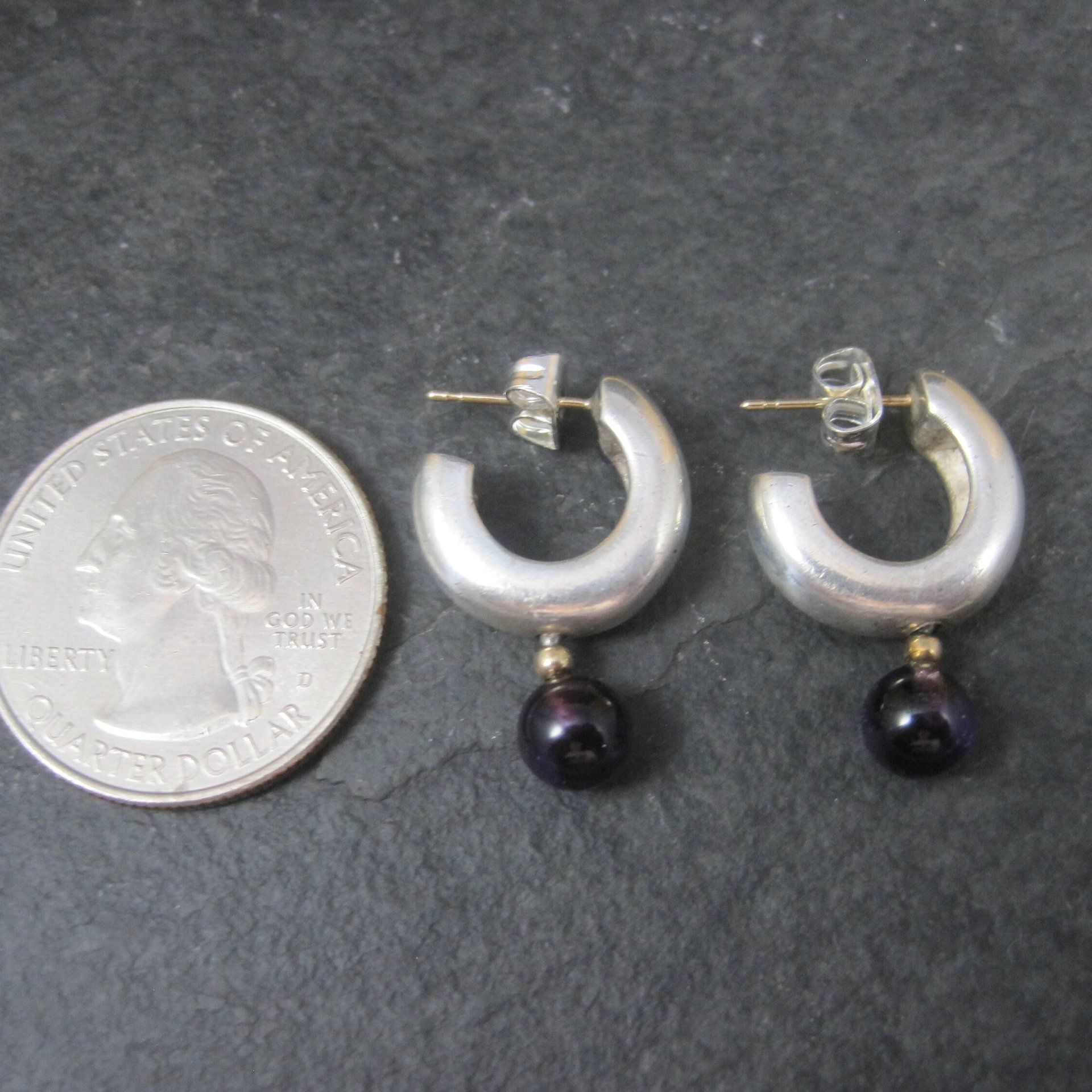 Vintage Sterling 14K Amethyst Hoop Earrings