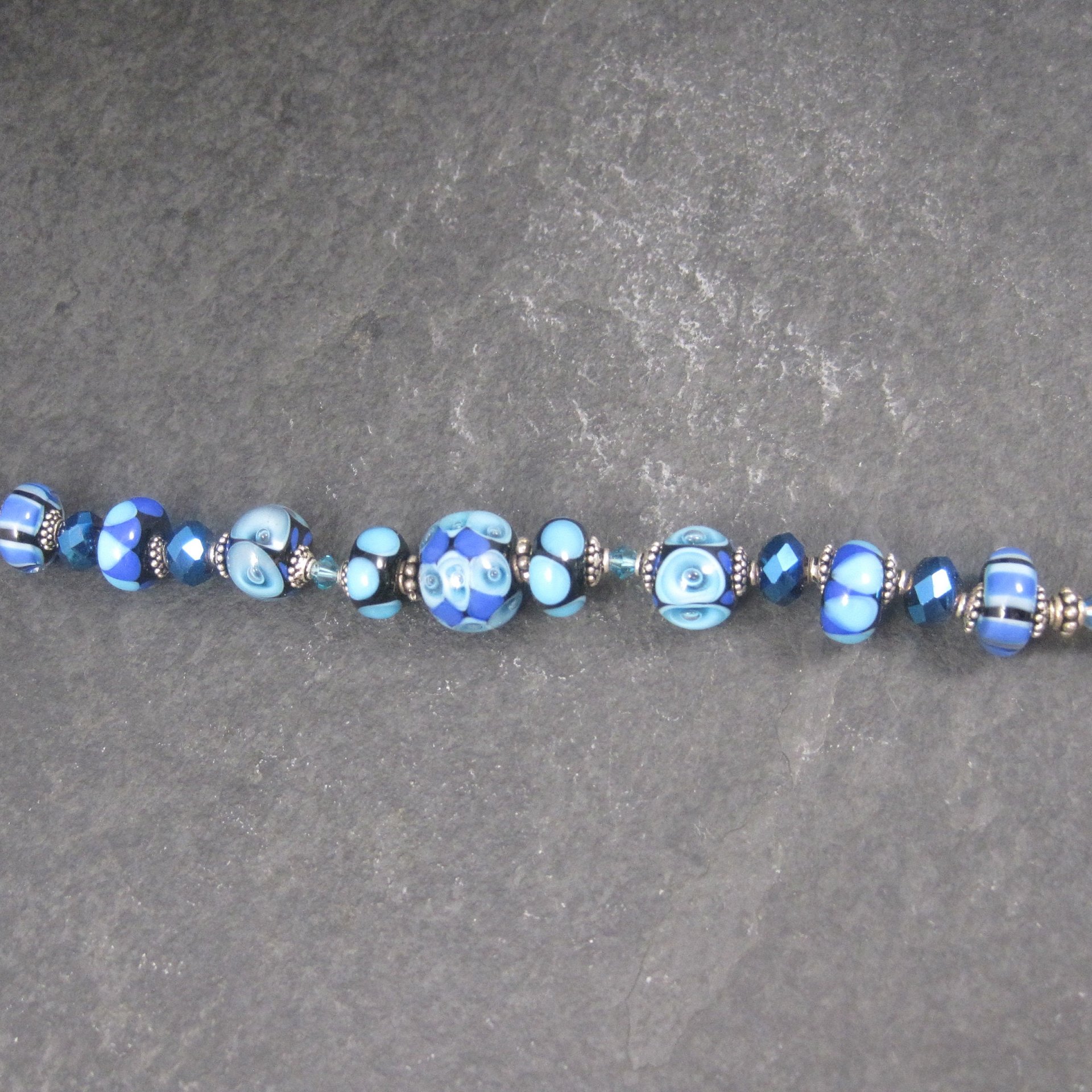 Handmade Blue Lampwork Art Glass Bead Bracelet 8 Inches