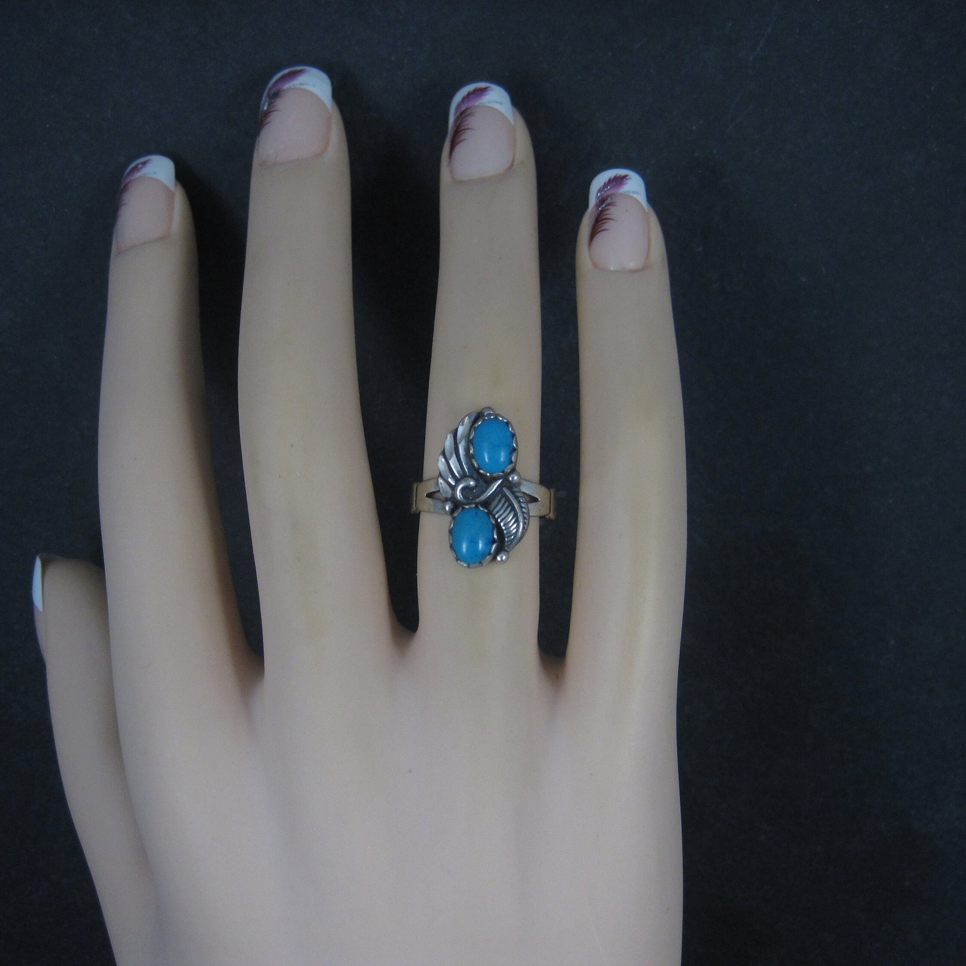 Vintage Southwestern Sterling Turquoise Feather Ring