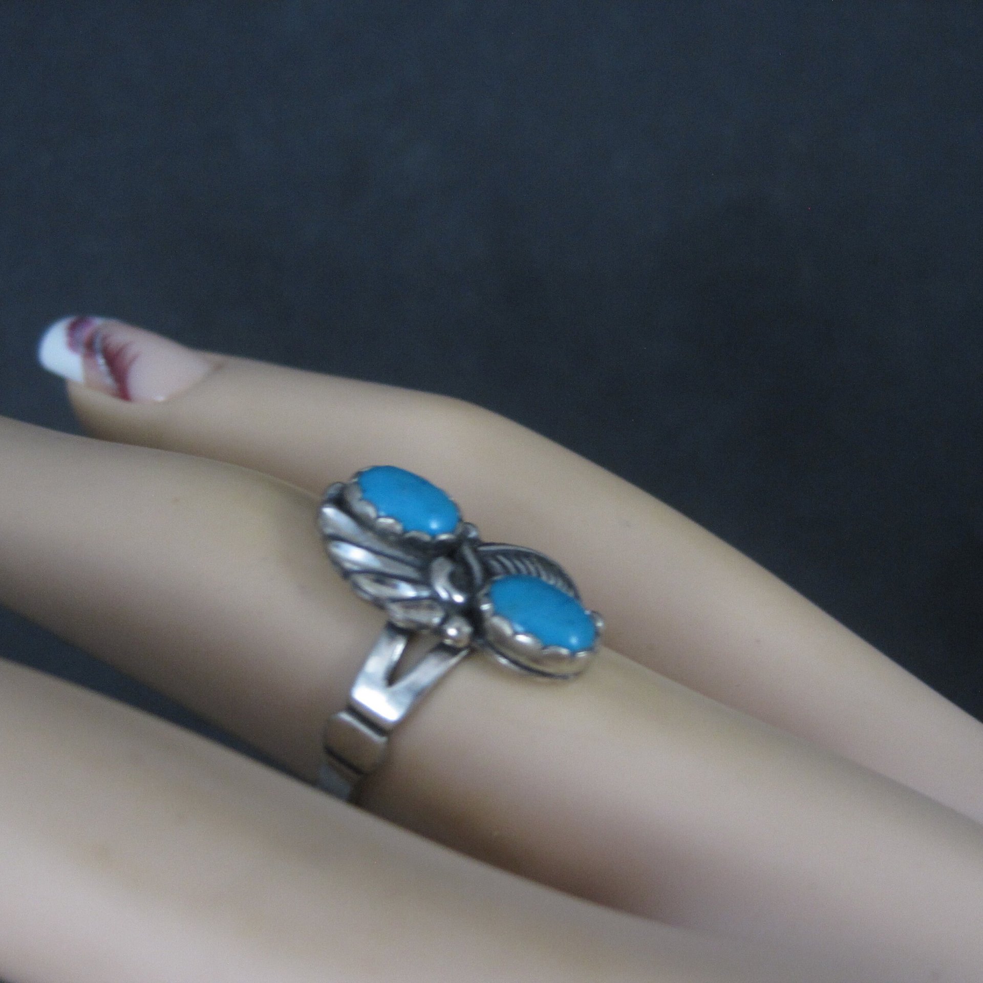 Vintage Southwestern Sterling Turquoise Feather Ring