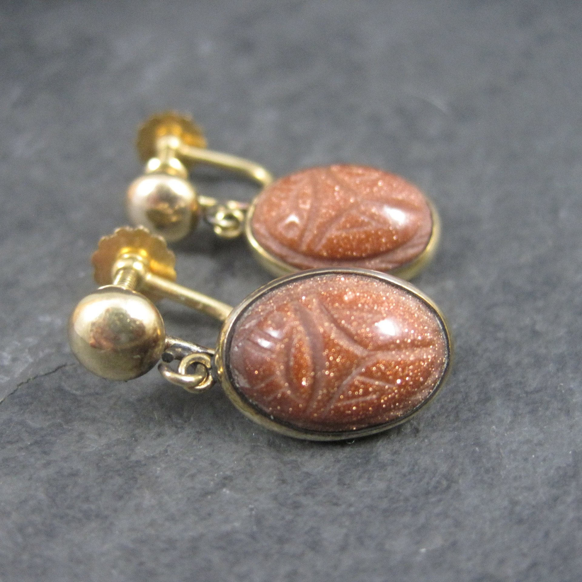 Vintage Gold Filled Goldstone Scarab Earrings Screw Back