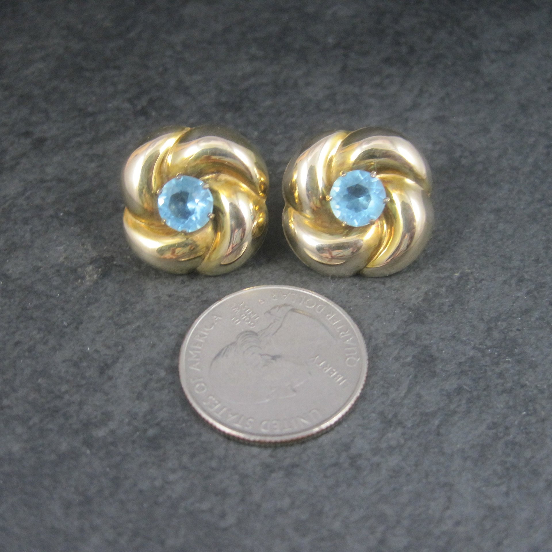 Antique Gold Filled Blue Rhinestone Flower Earrings Screw Backs