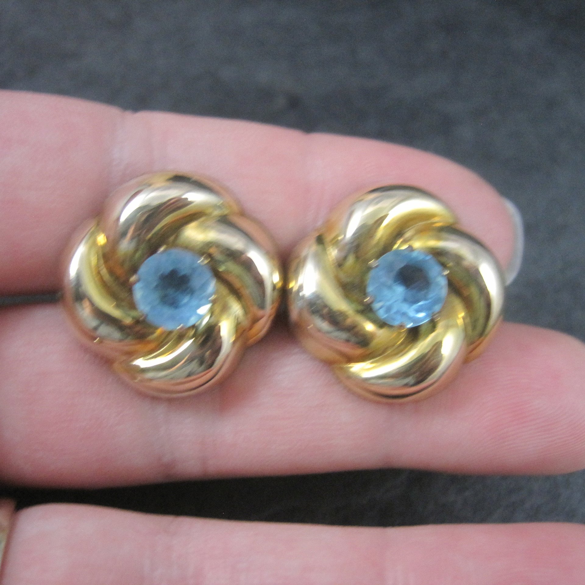 Antique Gold Filled Blue Rhinestone Flower Earrings Screw Backs