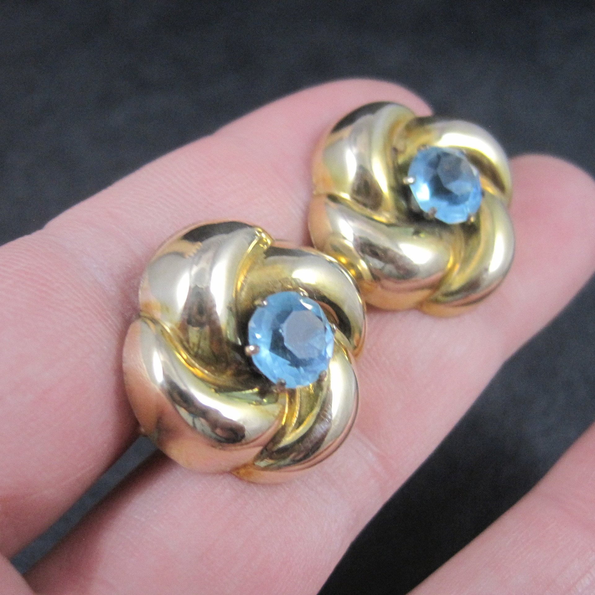 Antique Gold Filled Blue Rhinestone Flower Earrings Screw Backs