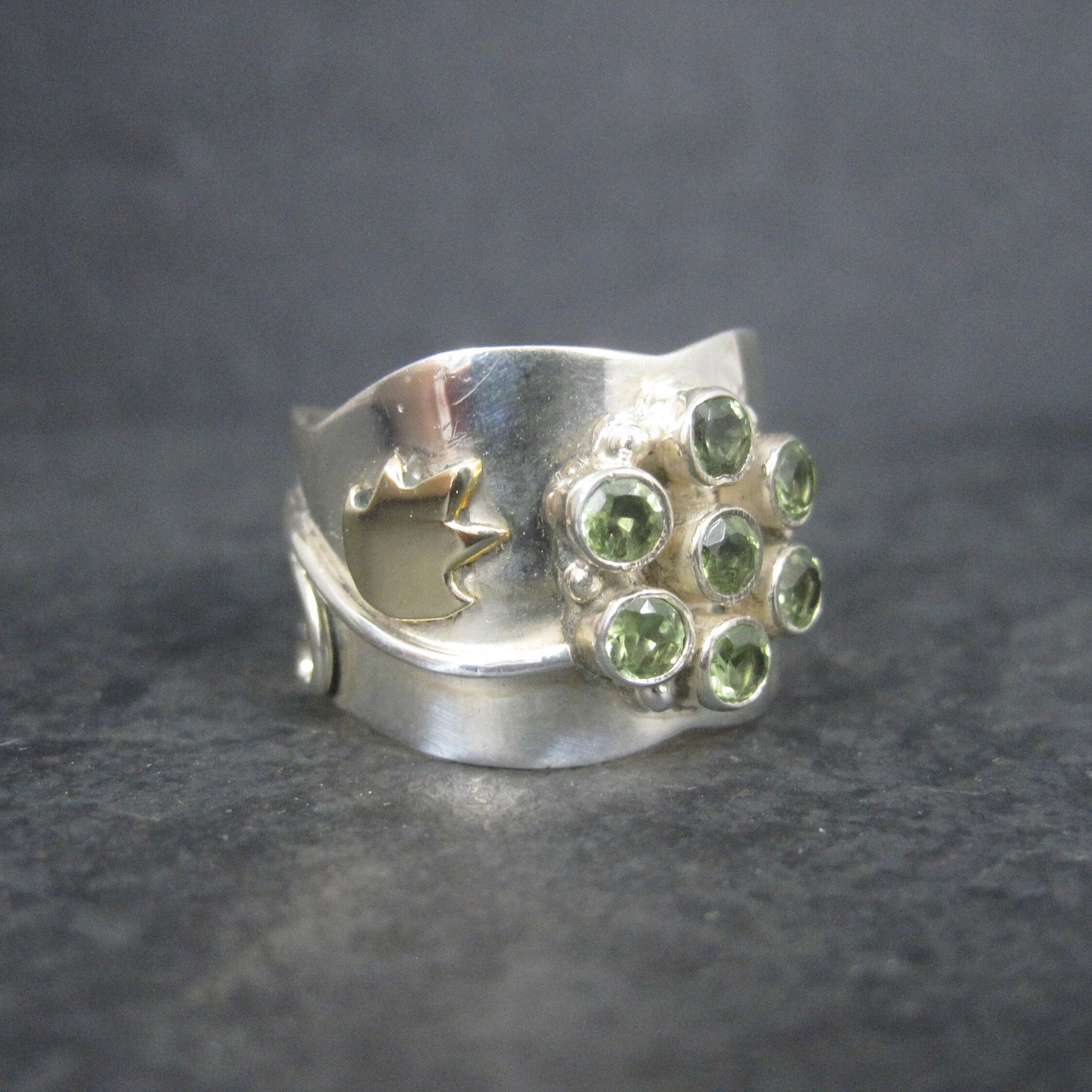 Wide Sterling Gold Filled Peridot Flower Ring Size 8