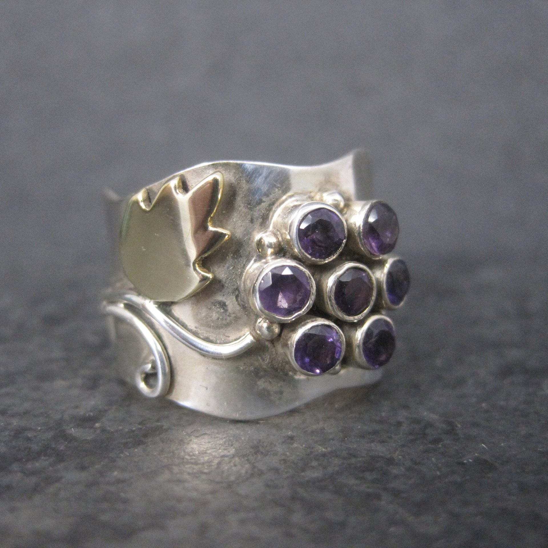 Wide Sterling Gold Filled Amethyst Flower Ring Size 9