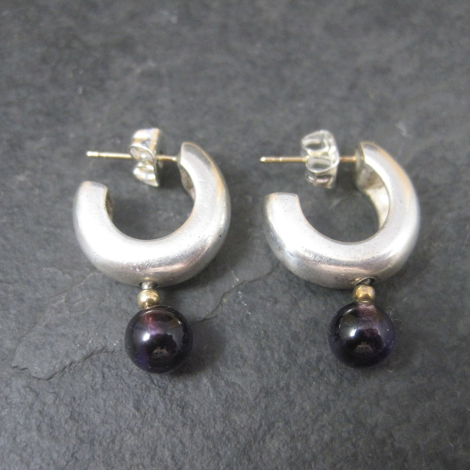 Vintage Sterling 14K Amethyst Hoop Earrings