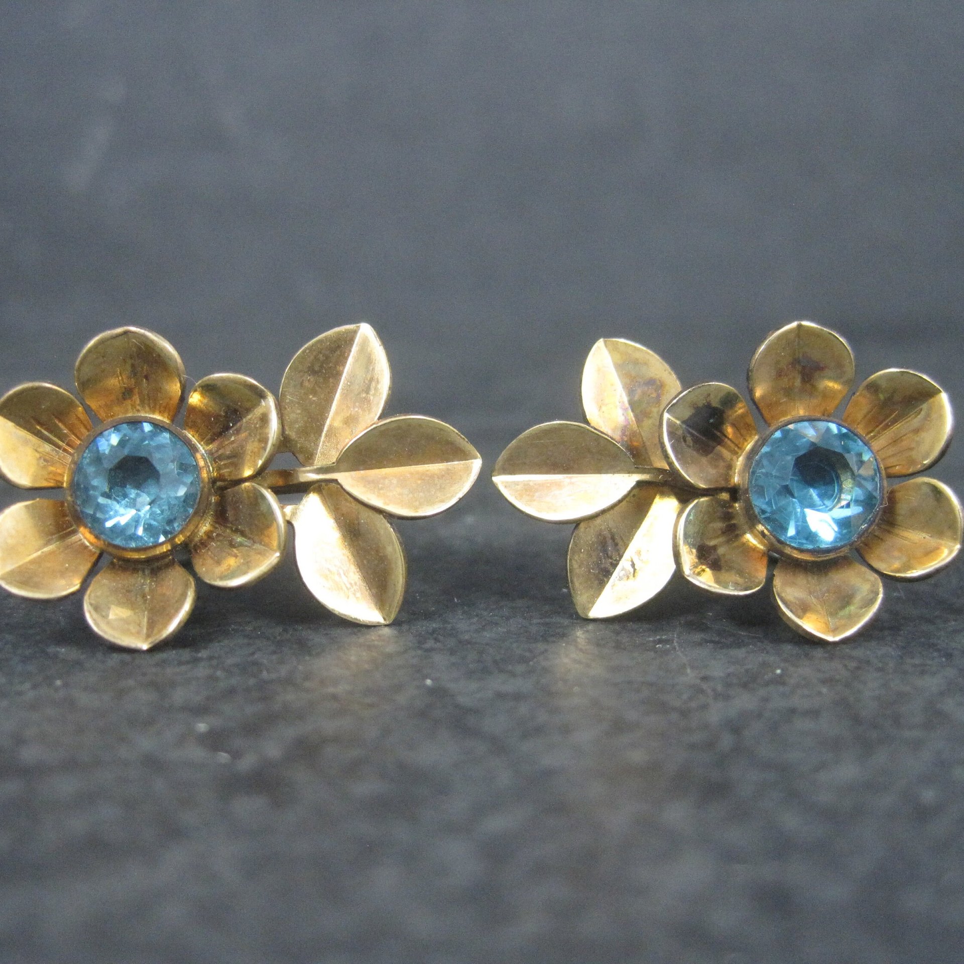 Vintage Gold Filled Blue Rhinestone Flower Screw Back Earrings Simmons