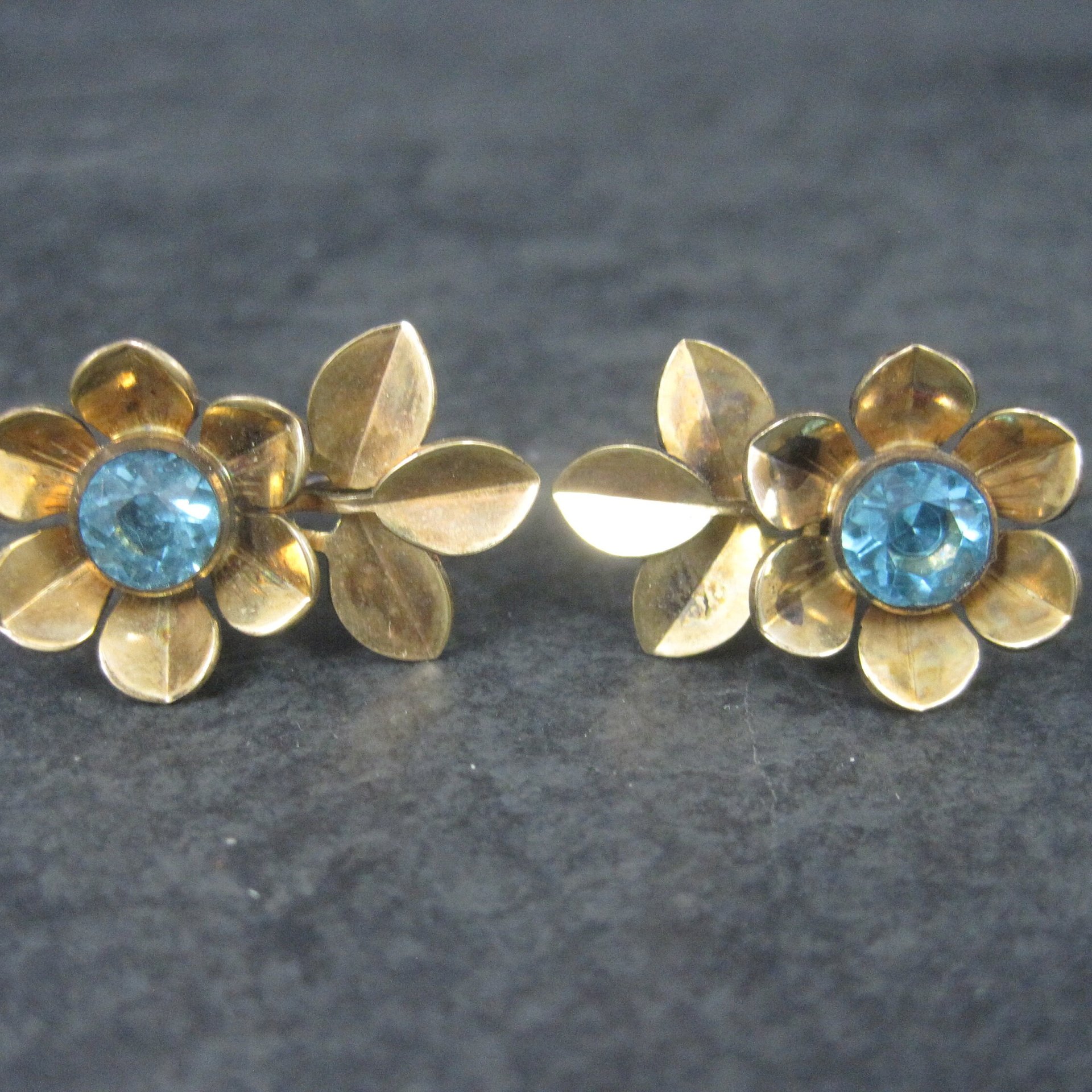 Vintage Gold Filled Blue Rhinestone Flower Screw Back Earrings Simmons