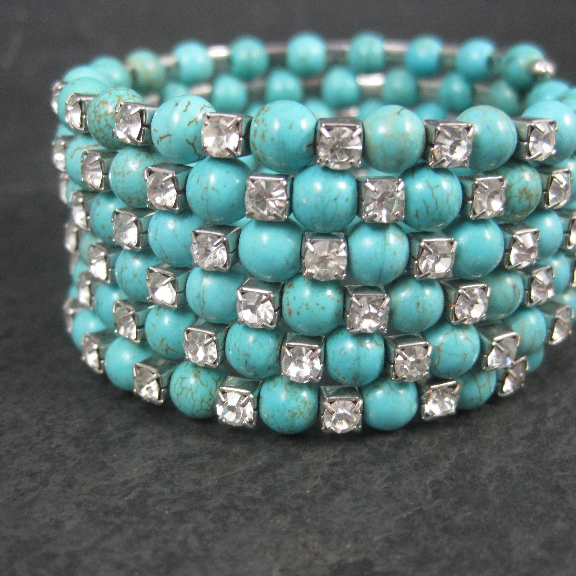 Vintage Turquoise Magnesite Rhinestone Wrap Bracelet 6.5 Inches