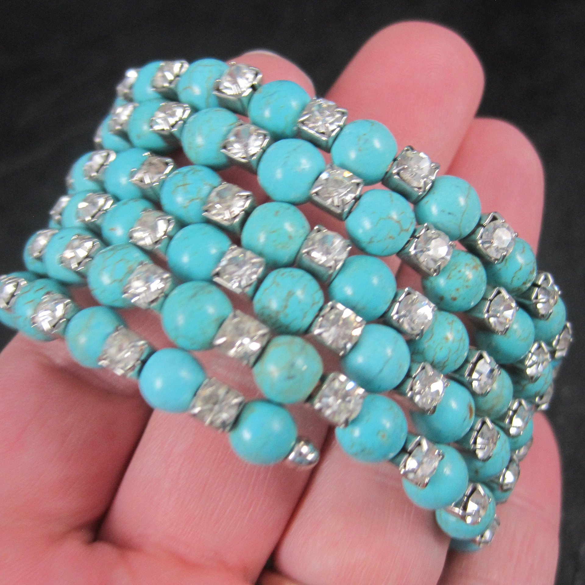 Vintage Turquoise Magnesite Rhinestone Wrap Bracelet 6.5 Inches