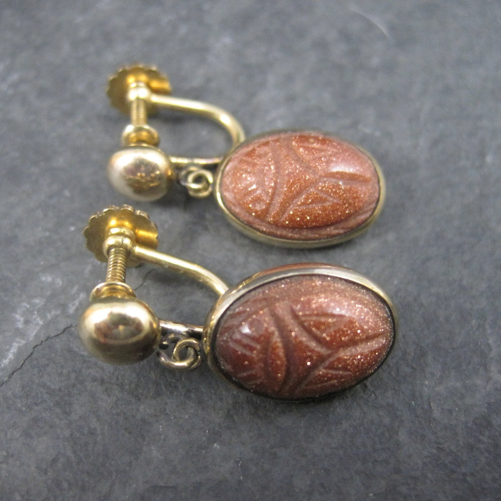 Vintage Gold Filled Goldstone Scarab Earrings Screw Back