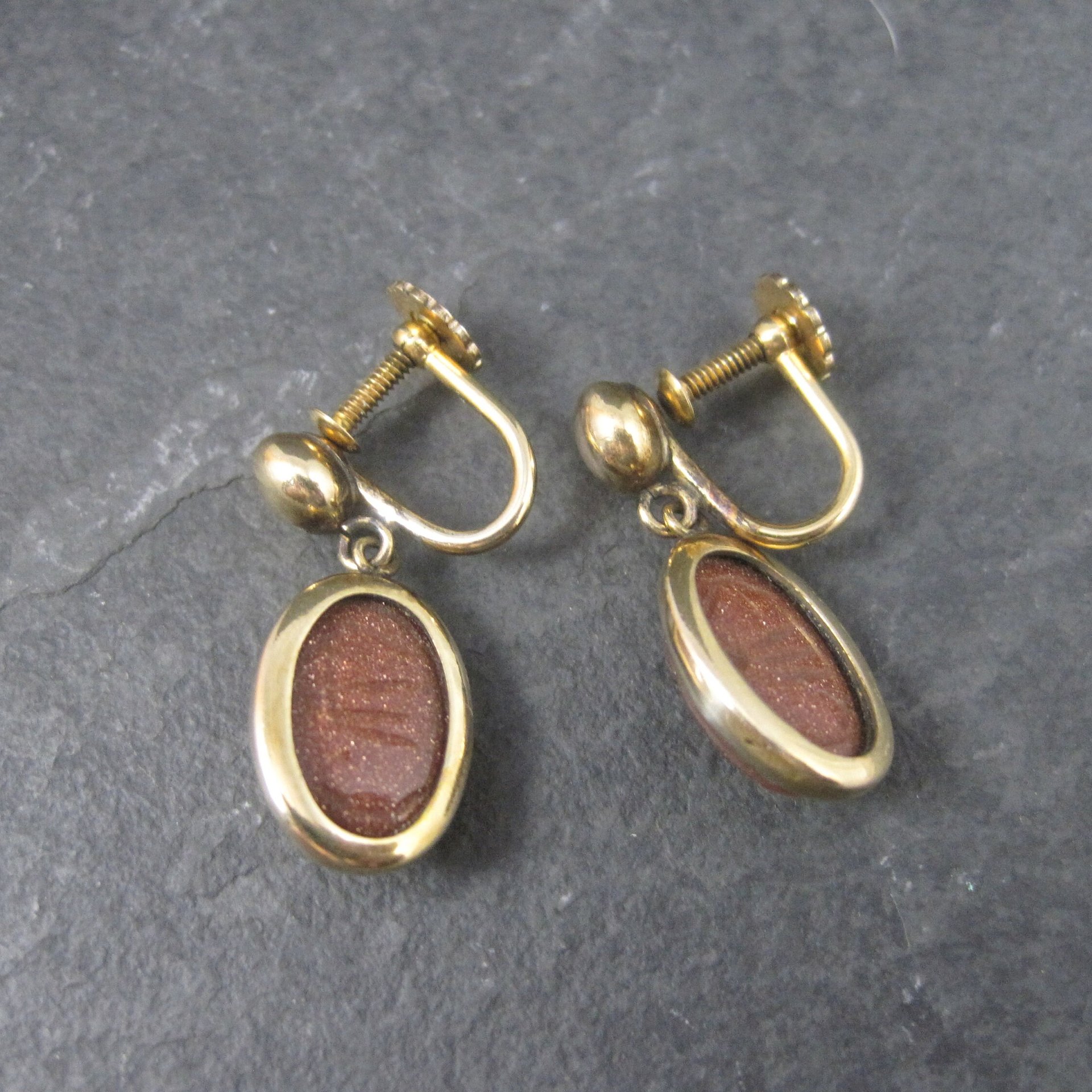 Vintage Gold Filled Goldstone Scarab Earrings Screw Back