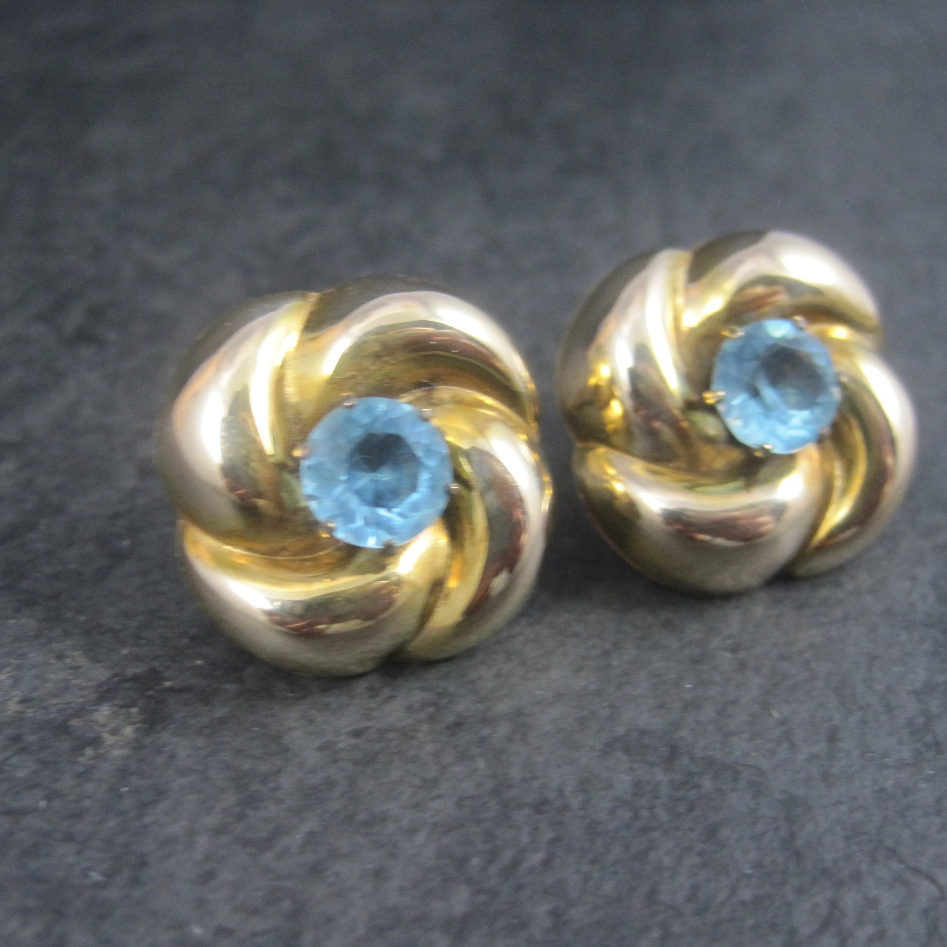 Antique Gold Filled Blue Rhinestone Flower Earrings Screw Backs