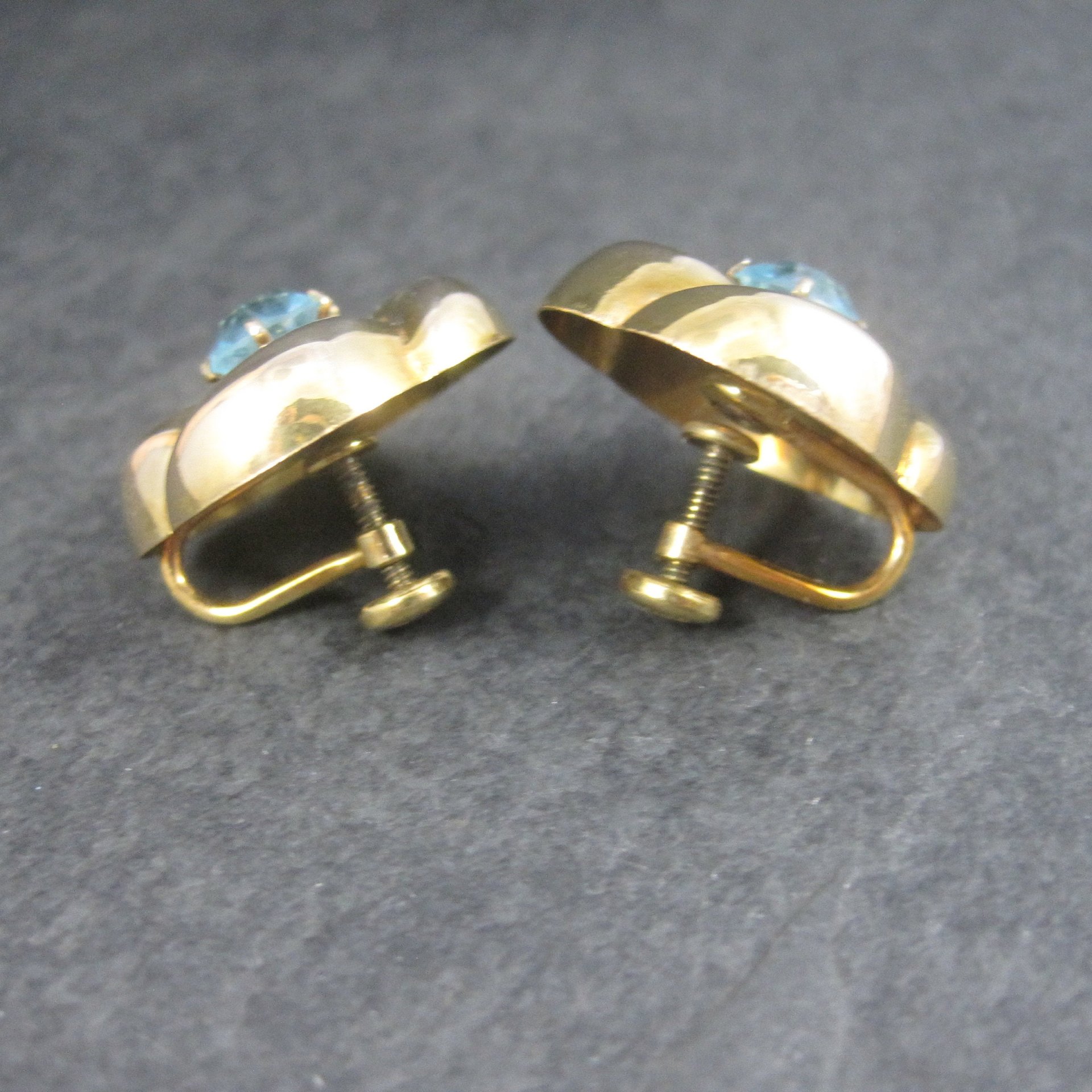 Antique Gold Filled Blue Rhinestone Flower Earrings Screw Backs