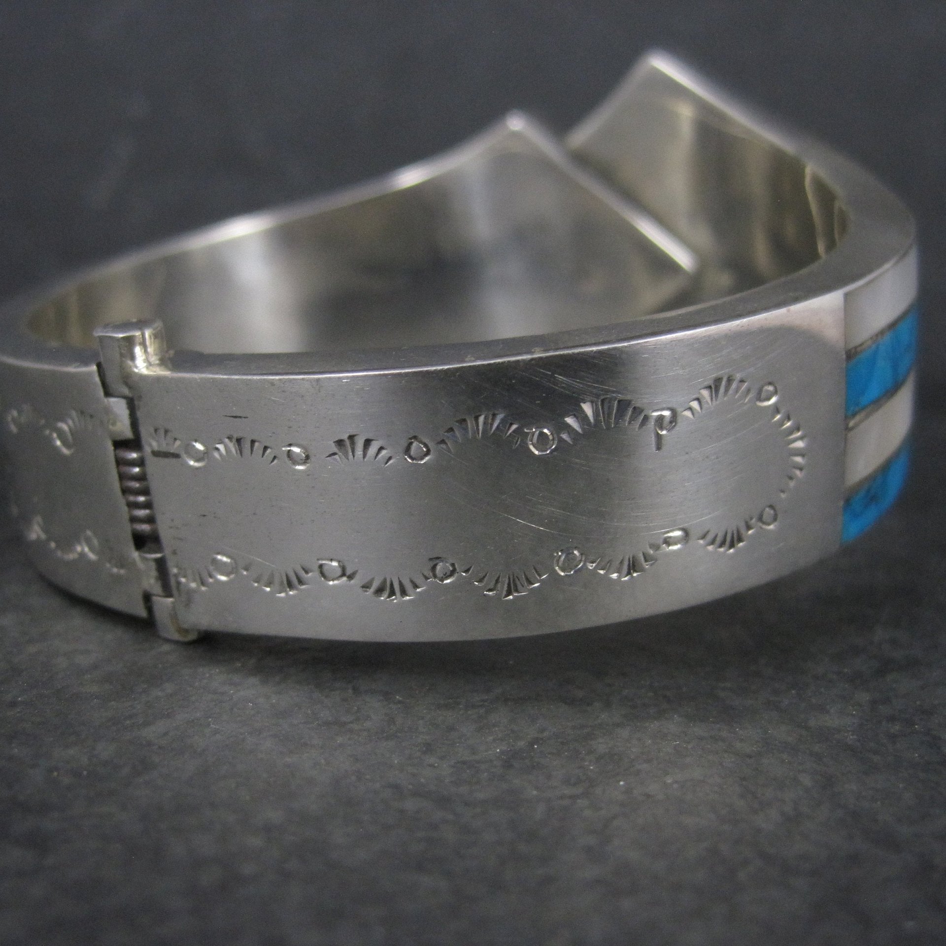 Vintage Southwestern Sterling Turquoise Mother of Pearl Clamper Bracelet 6.75"