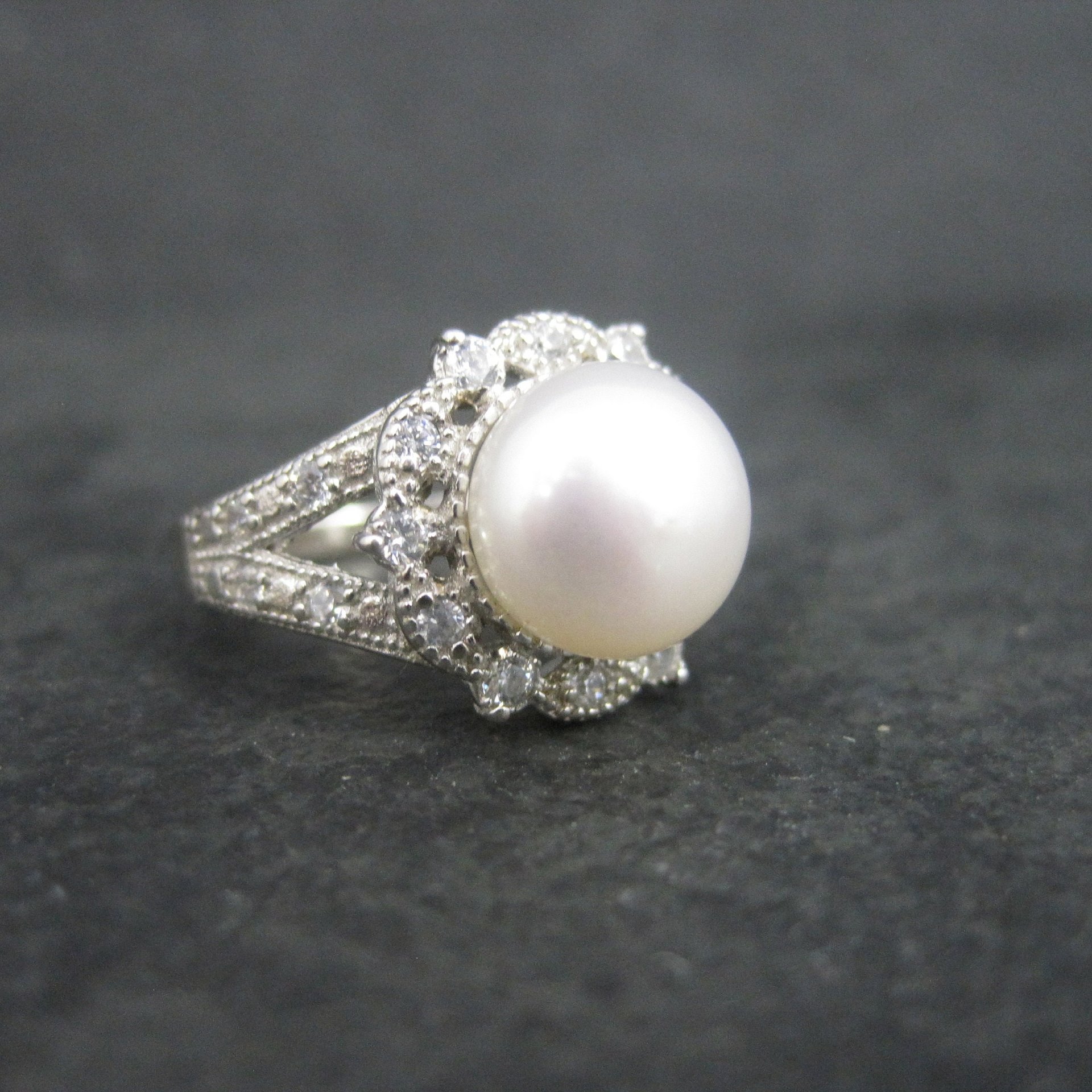 Vintage Sterling Pearl Cz Ring Size 5